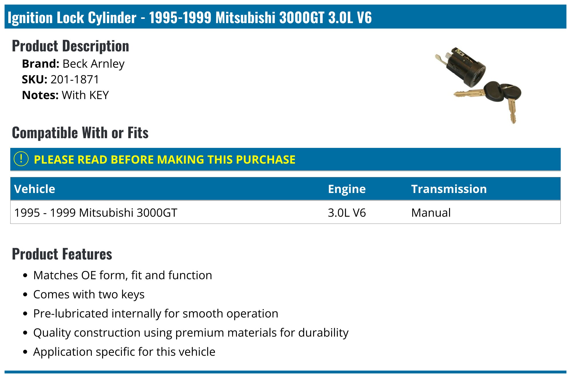 1995-1999 Mitsubishi 3000GT Ignition Lock Cylinder - Beck Arnley