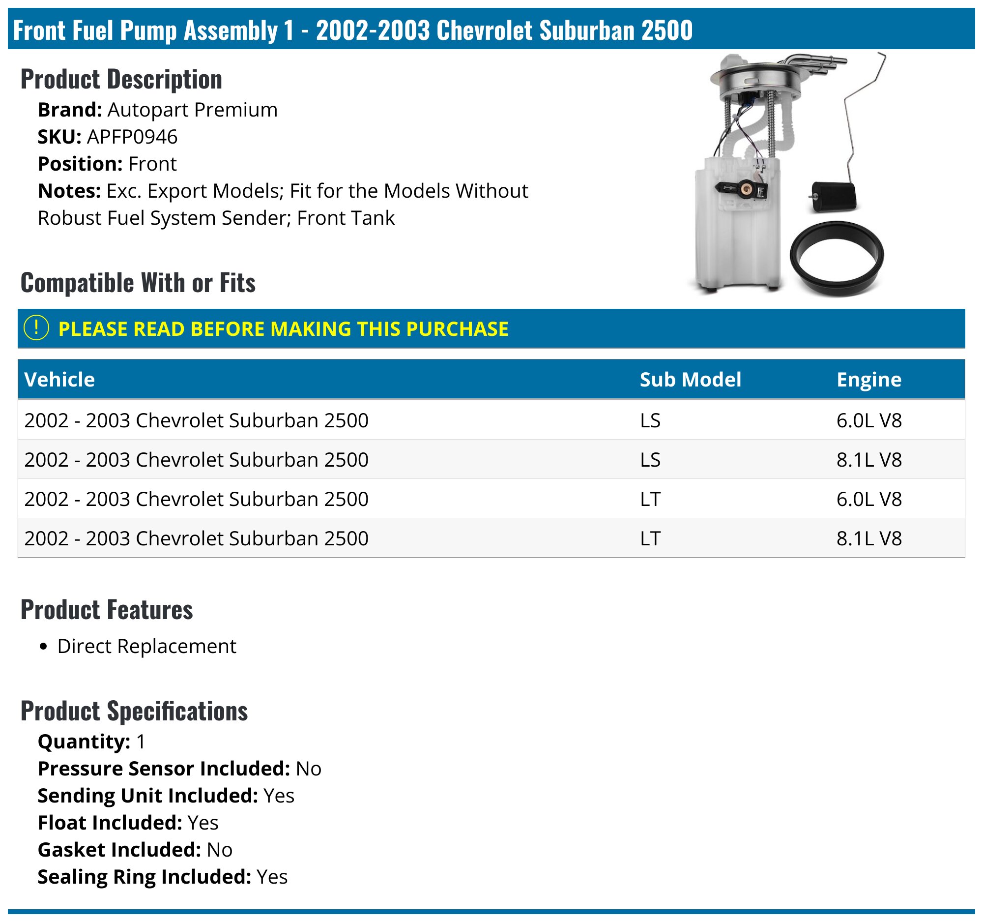 BDFHYK Fuel Pump Module Assembly E7187M Compatible With Dodge Ram 2500