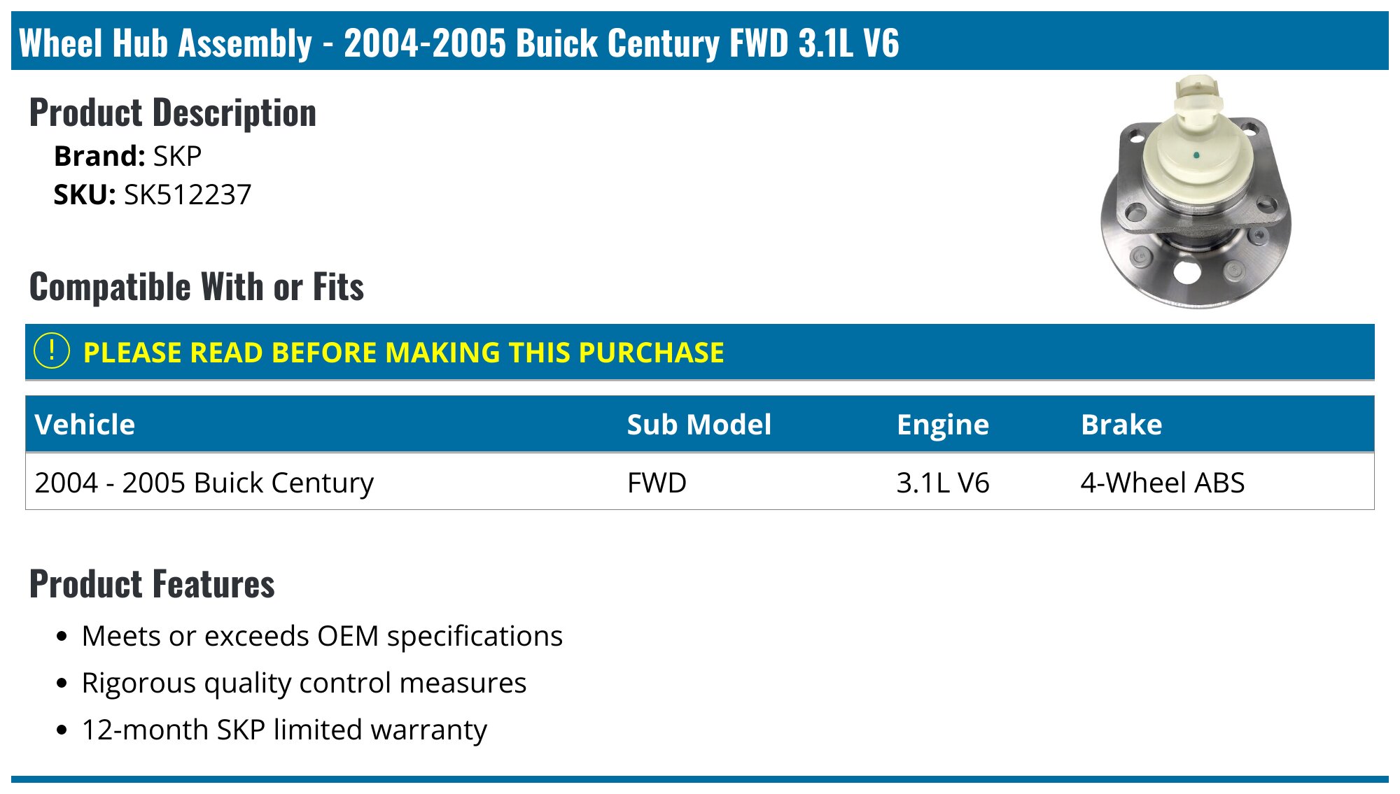 19941996, 20042005 Buick Century Wheel Hub Assembly SKP SK512237