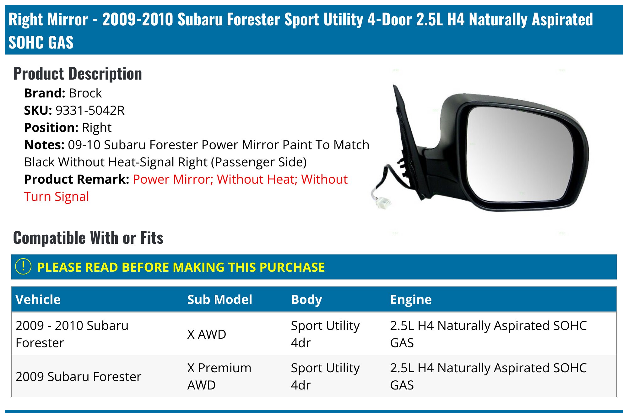 Brock Passenger Side Power Mirror For 2014-2018 Subaru Forester – Ready-to-Paint Replacement, No Heat/Signal