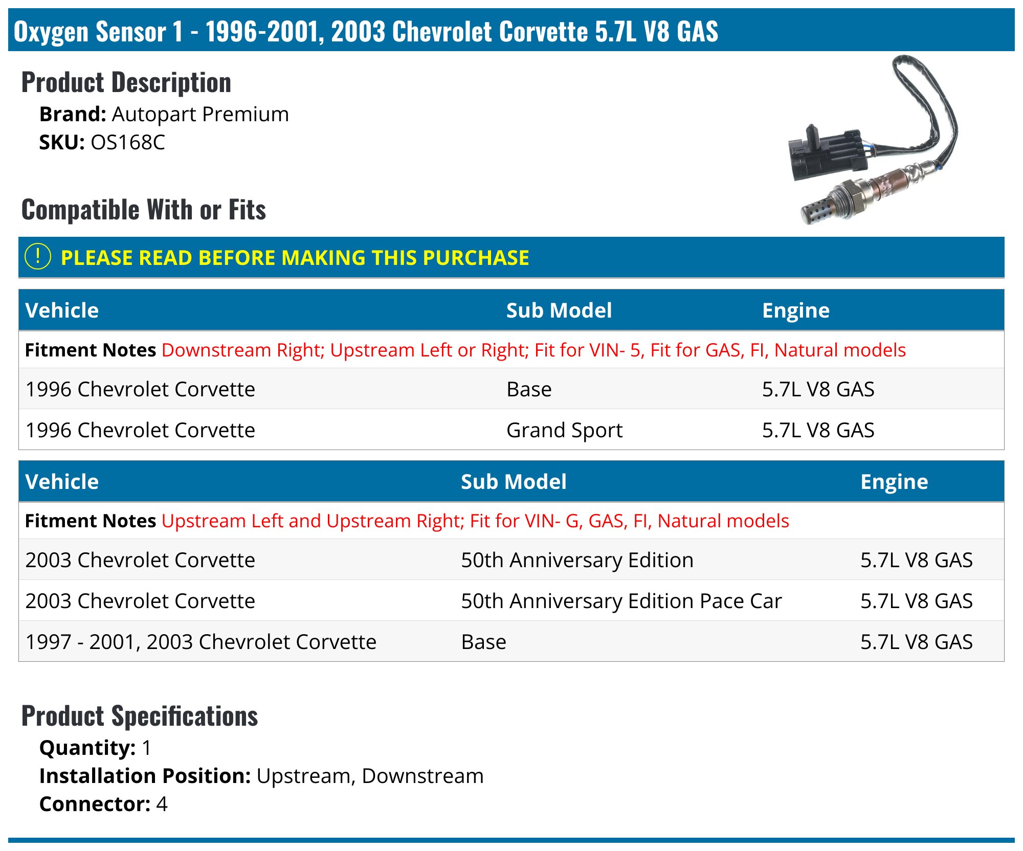 1996-2001, 2003 Chevrolet Corvette Oxygen Sensor - Autopart Premium ...