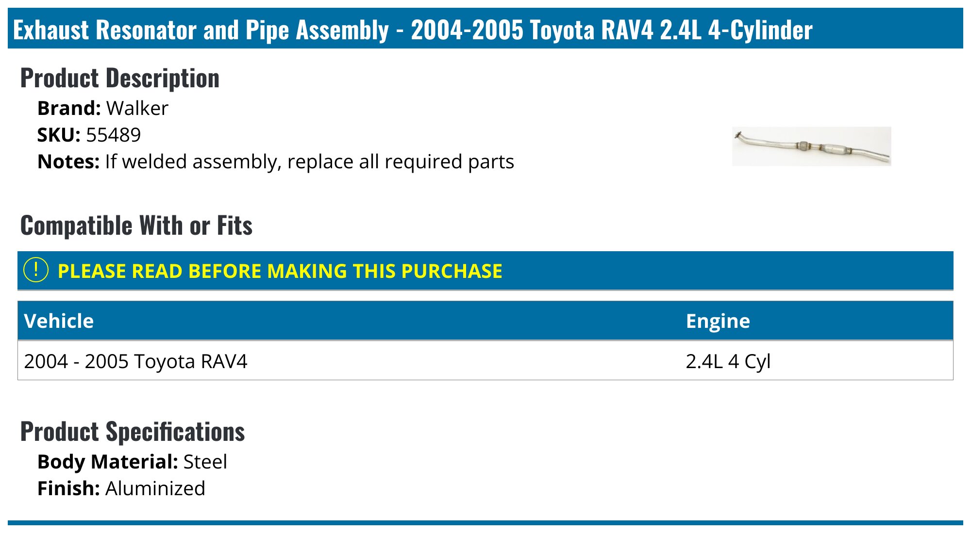 Walker Exhaust 47810 Exhaust Resonator And Pipe Assembly Fits Select 2005 2007 Chevrolet Equinox 2008 2009 Chevrolet Equinox Lt