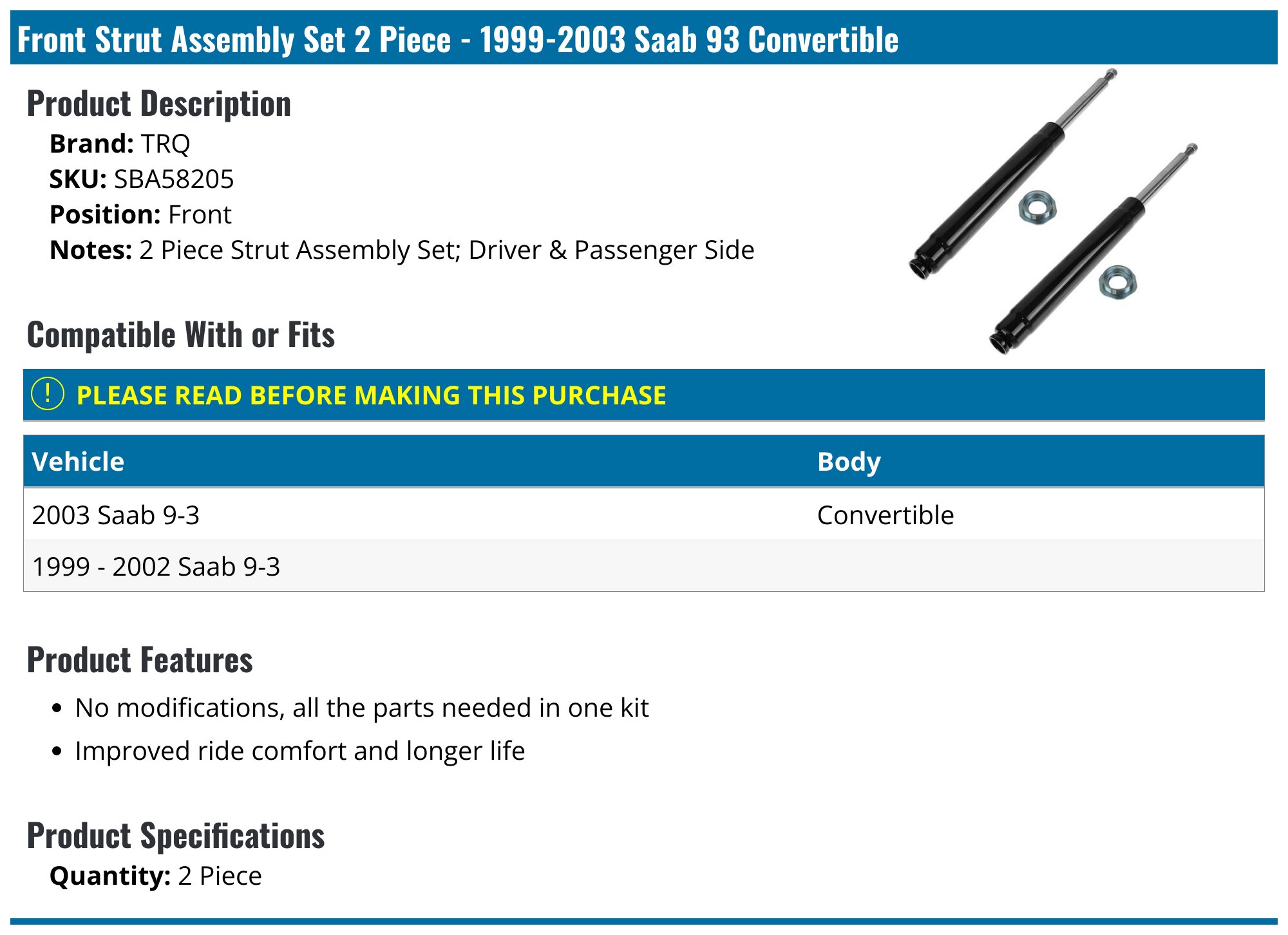 AM Autoparts Front Strut Cartridge Pair (Left & Right) For Saab 9-3 1999-2003 - Direct Replacement AM-54339301