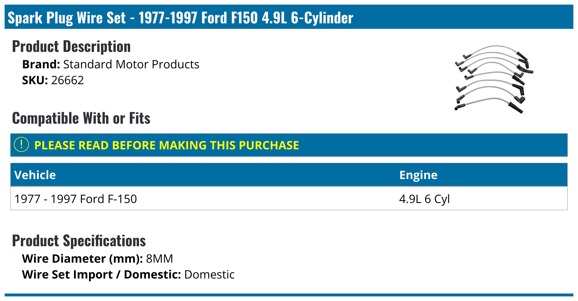 1977-1997 Ford F150 Spark Plug Wire Set - Standard Motor Products