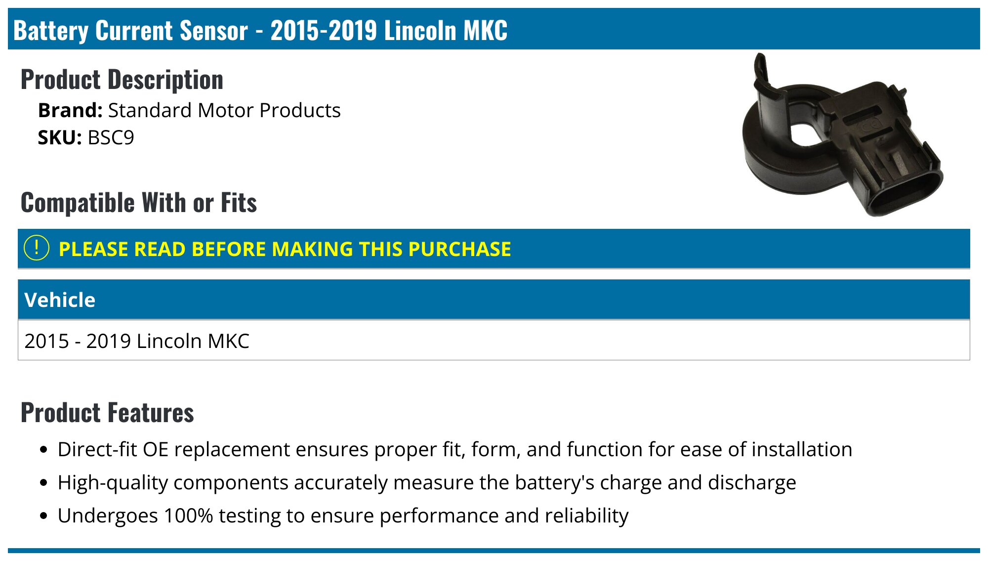 2015-2019 Lincoln MKC Battery Current Sensor - Standard Motor Products