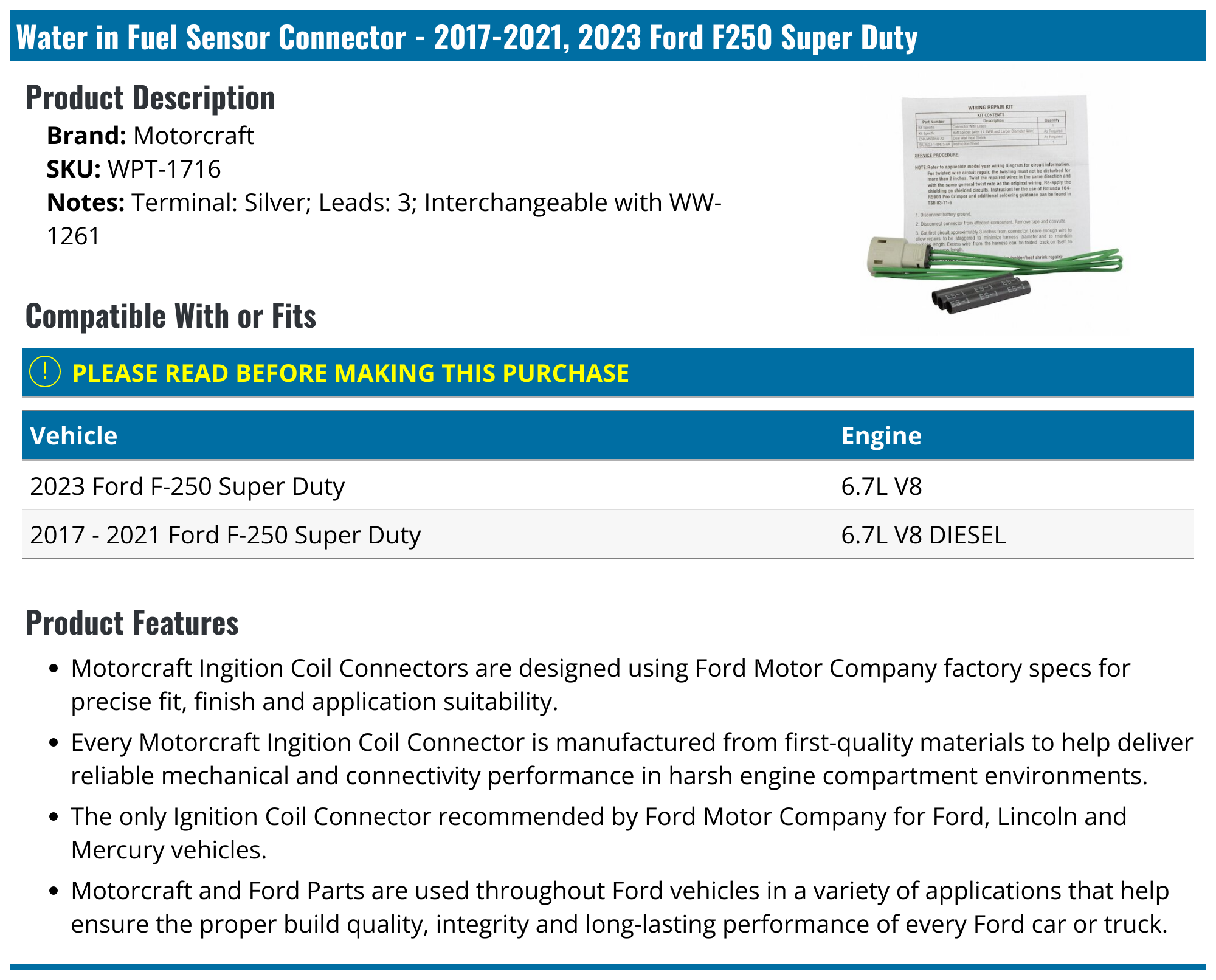 20172021, 2023 Ford F250 Super Duty Water in Fuel Sensor Connector