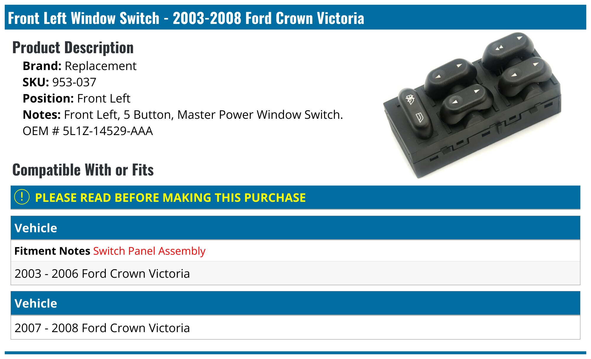 Driver Side Switch & 3 Passenger Window Switches, Fit For 2003