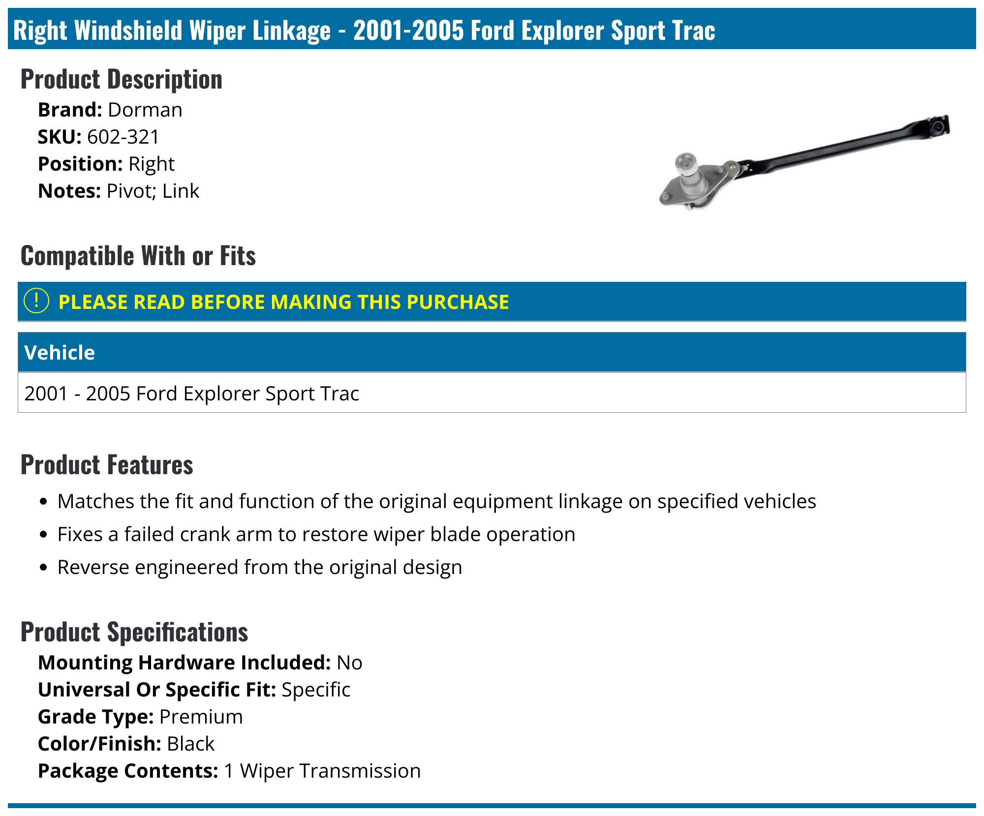 Dorman 602-310 Windshield Wiper Linkage Compatible With