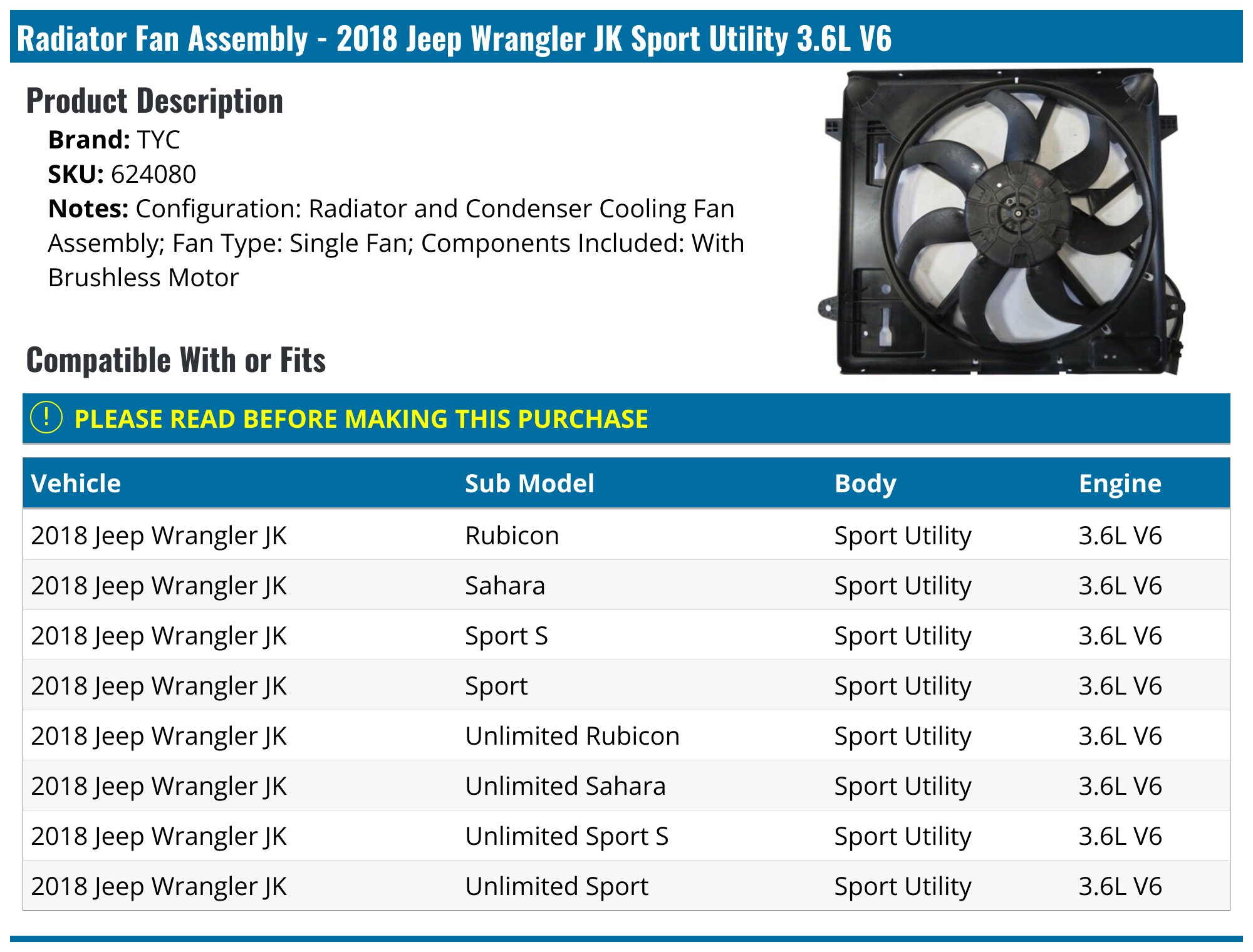 2018 Jeep Wrangler JK Radiator Fan Assembly - TYC 624080 - PartsGeek.com