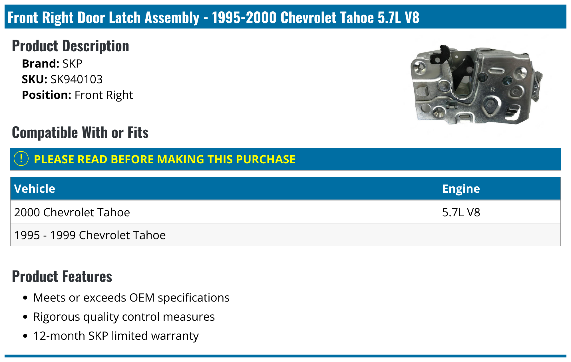 19952000 Chevrolet Tahoe Door Latch Assembly SKP SK940103 Front