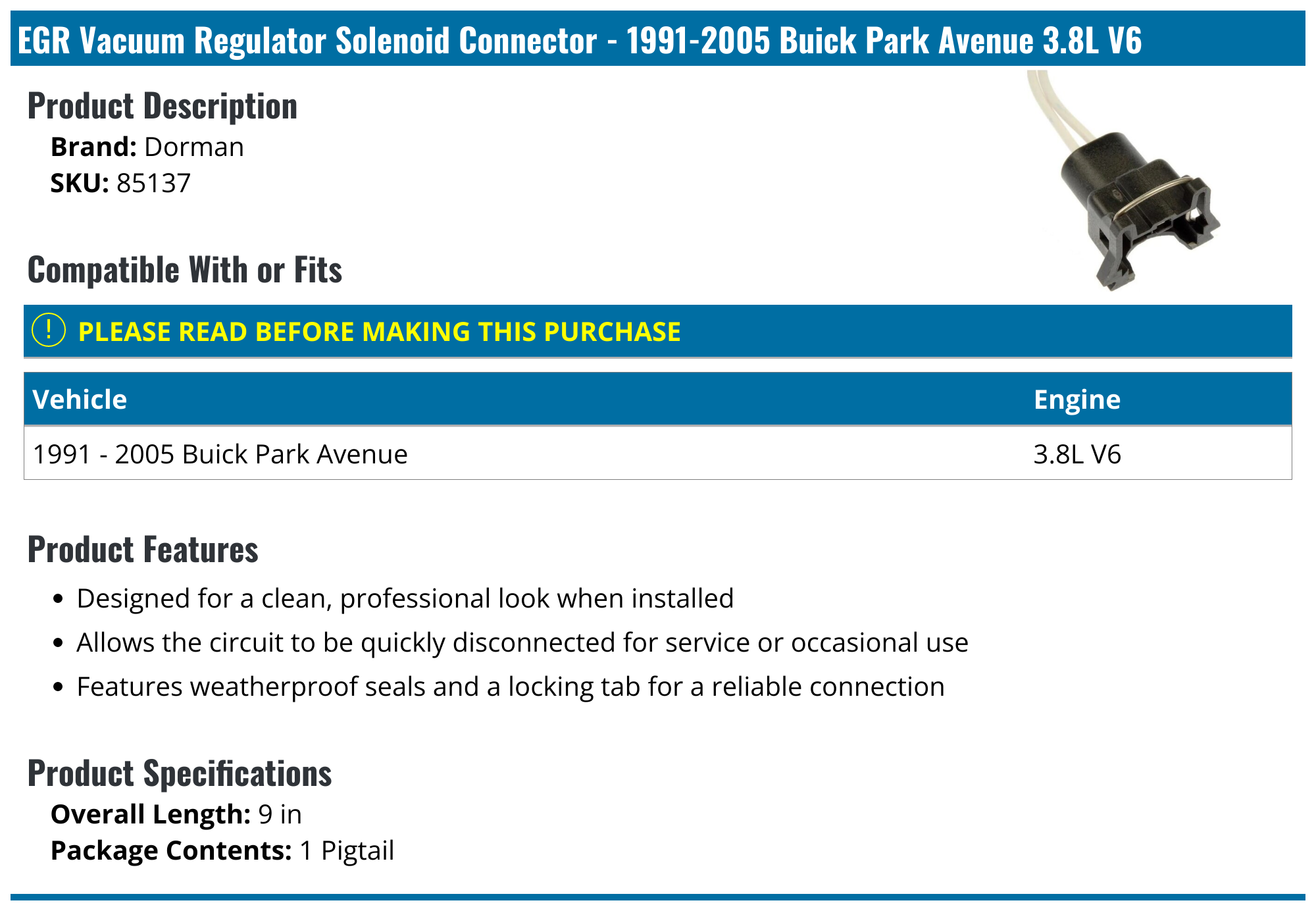 19912005 Buick Park Avenue EGR Vacuum Regulator Solenoid Connector