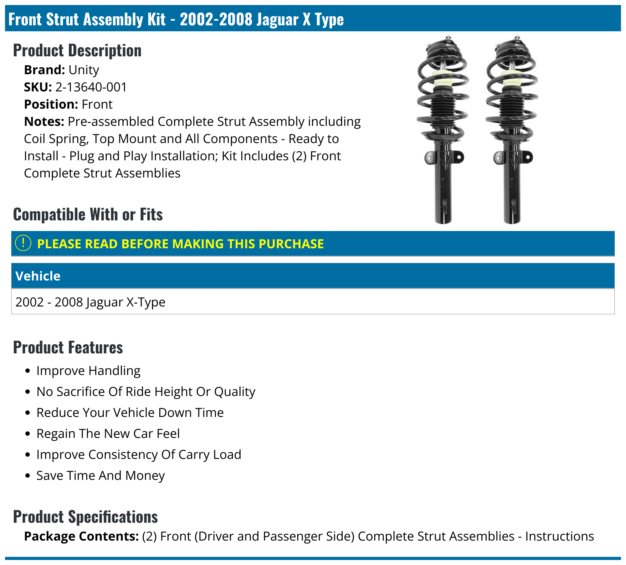 20022008 Jaguar X Type Strut Assembly Unity 213640001 Front