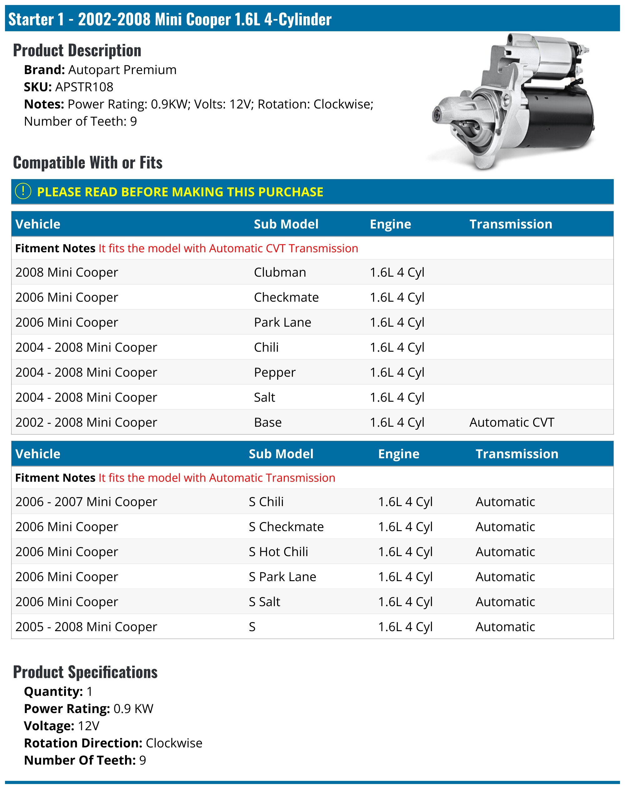 New Starter Motor Compatible With 2002-2008 Mini Cooper (Manual Transmission, 1.6L Engine)