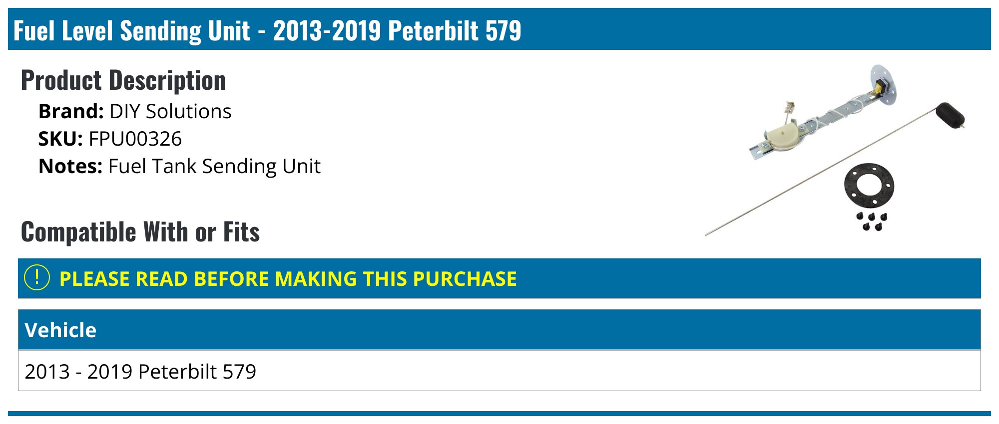 20132019 Peterbilt 579 Fuel Tank Sending Unit DIY Solutions FPU00326