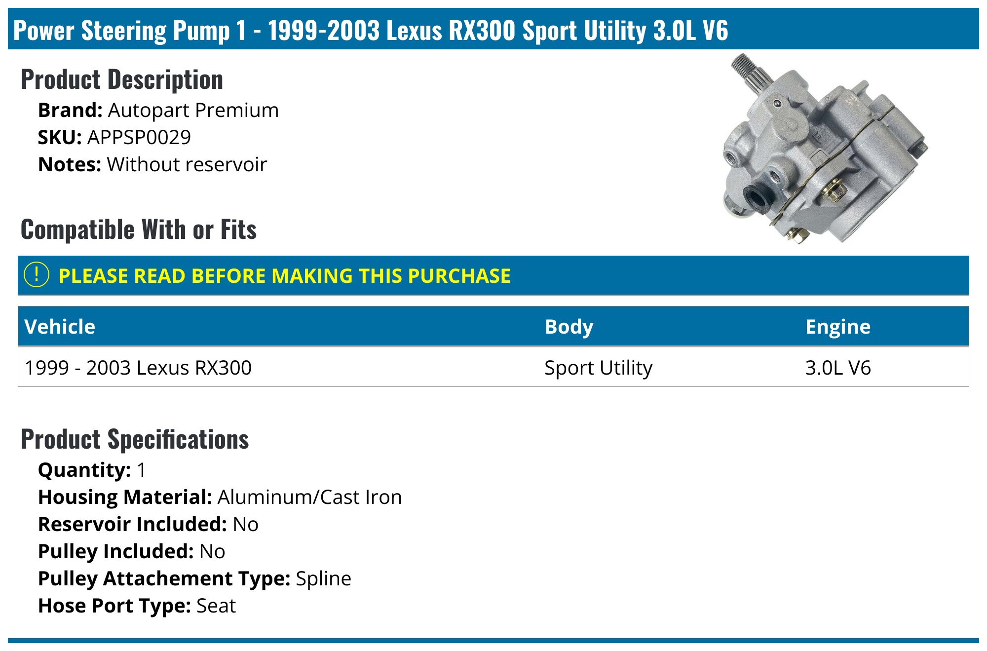 Power Steering Pump - 1999 Lexus RX300 | O'Reilly Auto Parts