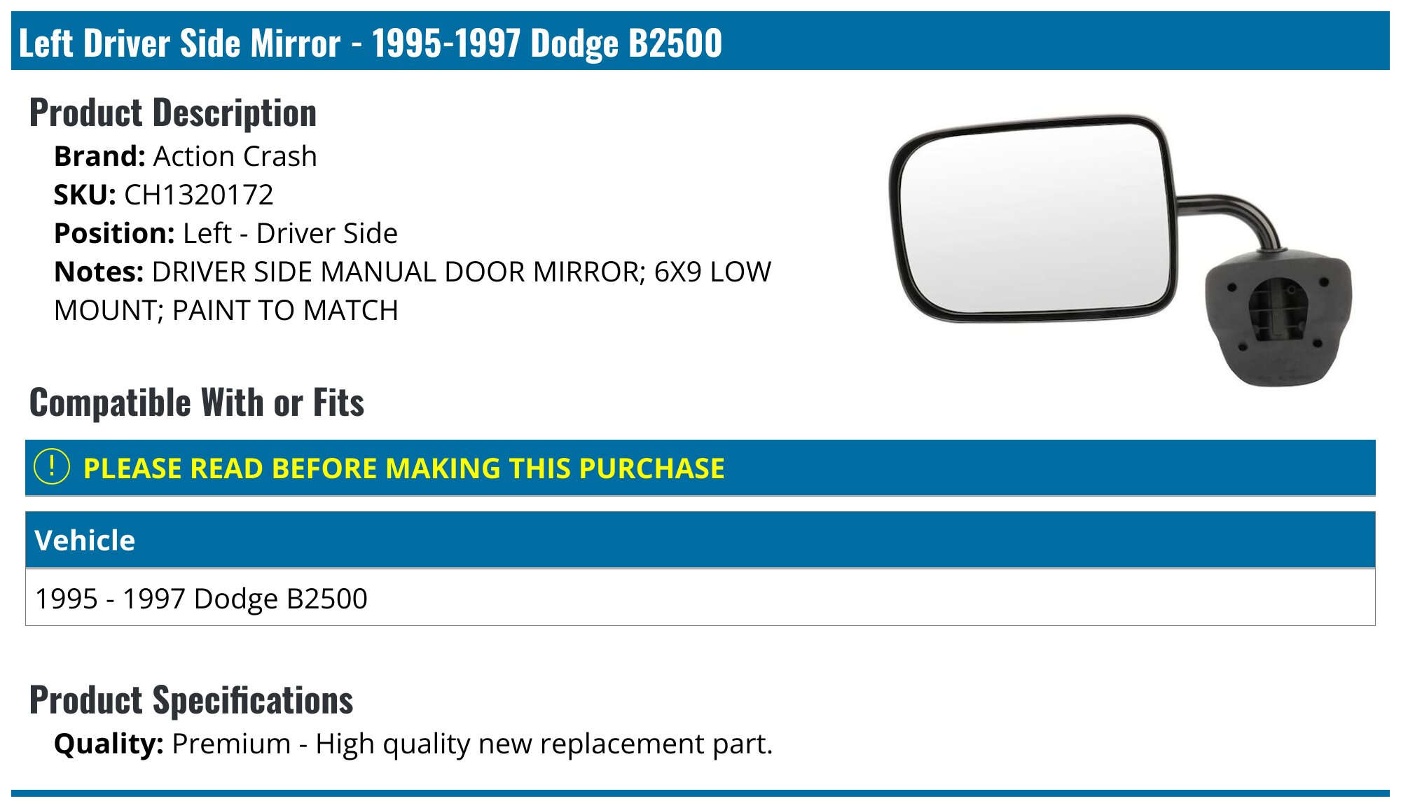 Kool Vue Left Manual Mirror For 1995-1997 Dodge B1500 B2500 Van - Textured Black
