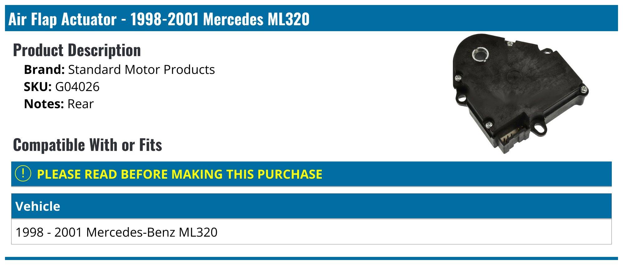 1998-2001 Mercedes ML320 Air Flap Actuator - Standard Motor