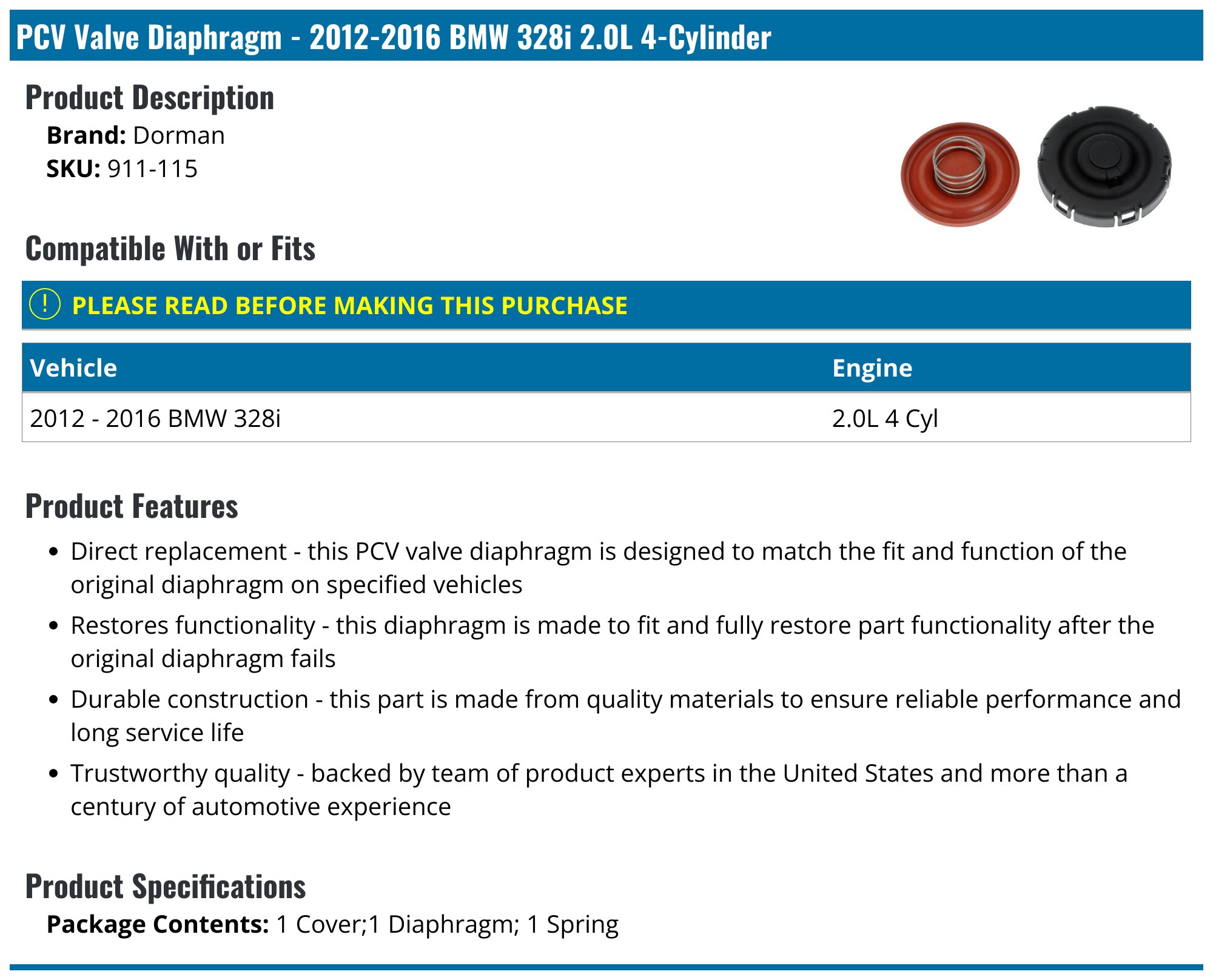 2012-2016 BMW 328i PCV Valve Diaphragm - Dorman 911-115 - PartsGeek.com