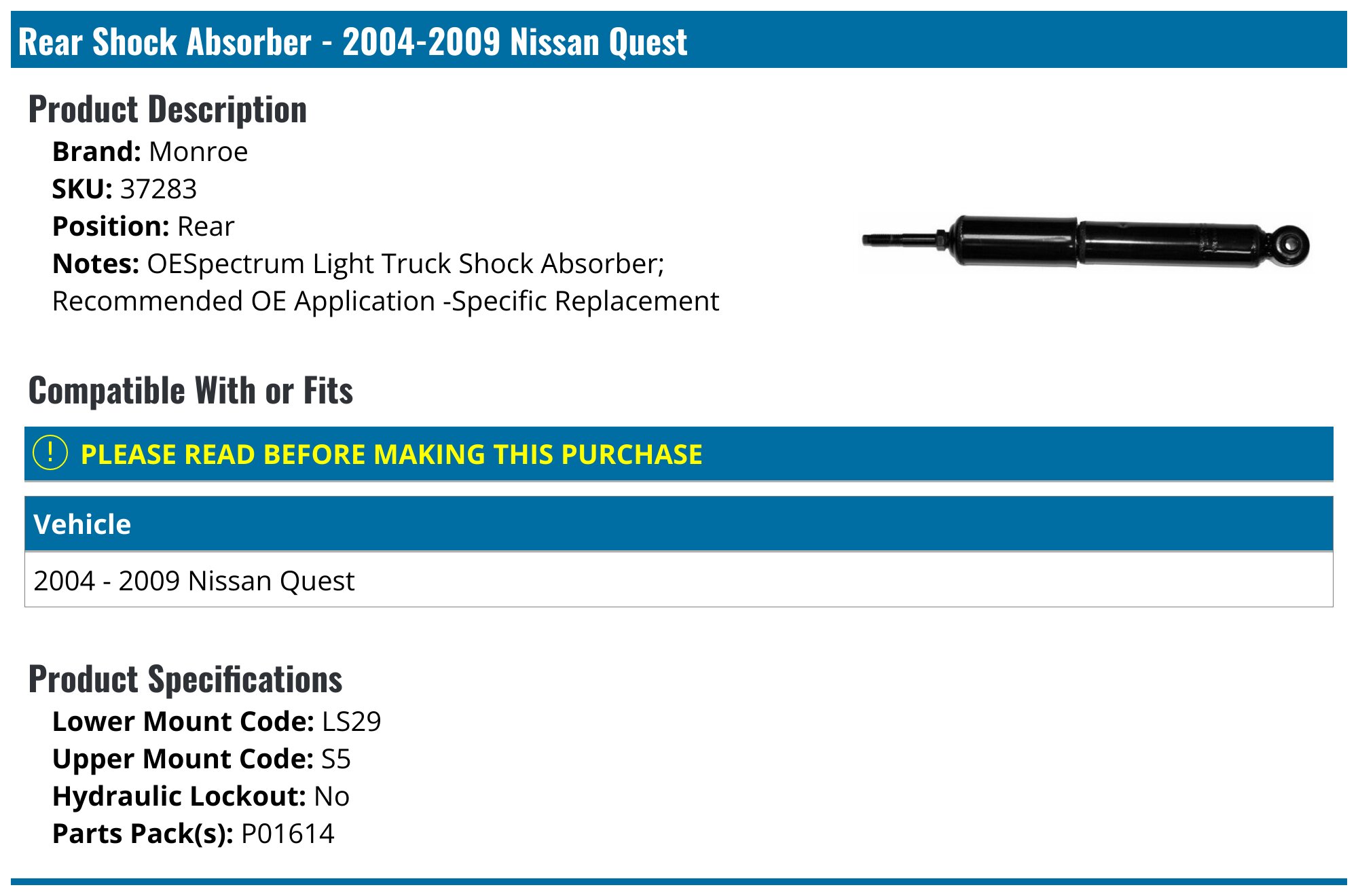 TRQ Rear Shock Absorber Set For 2004-2009 Nissan Quest - 2-Piece Kit, Direct OE Replacement