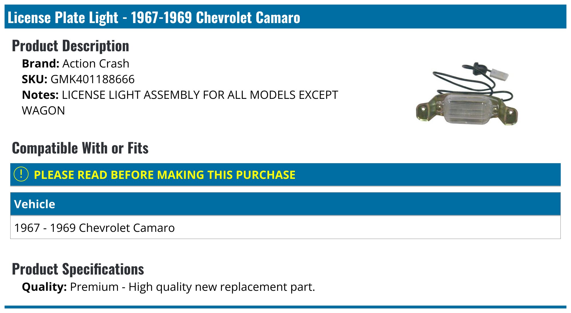 1967-1969 Chevrolet Camaro License Plate Light Action Crash