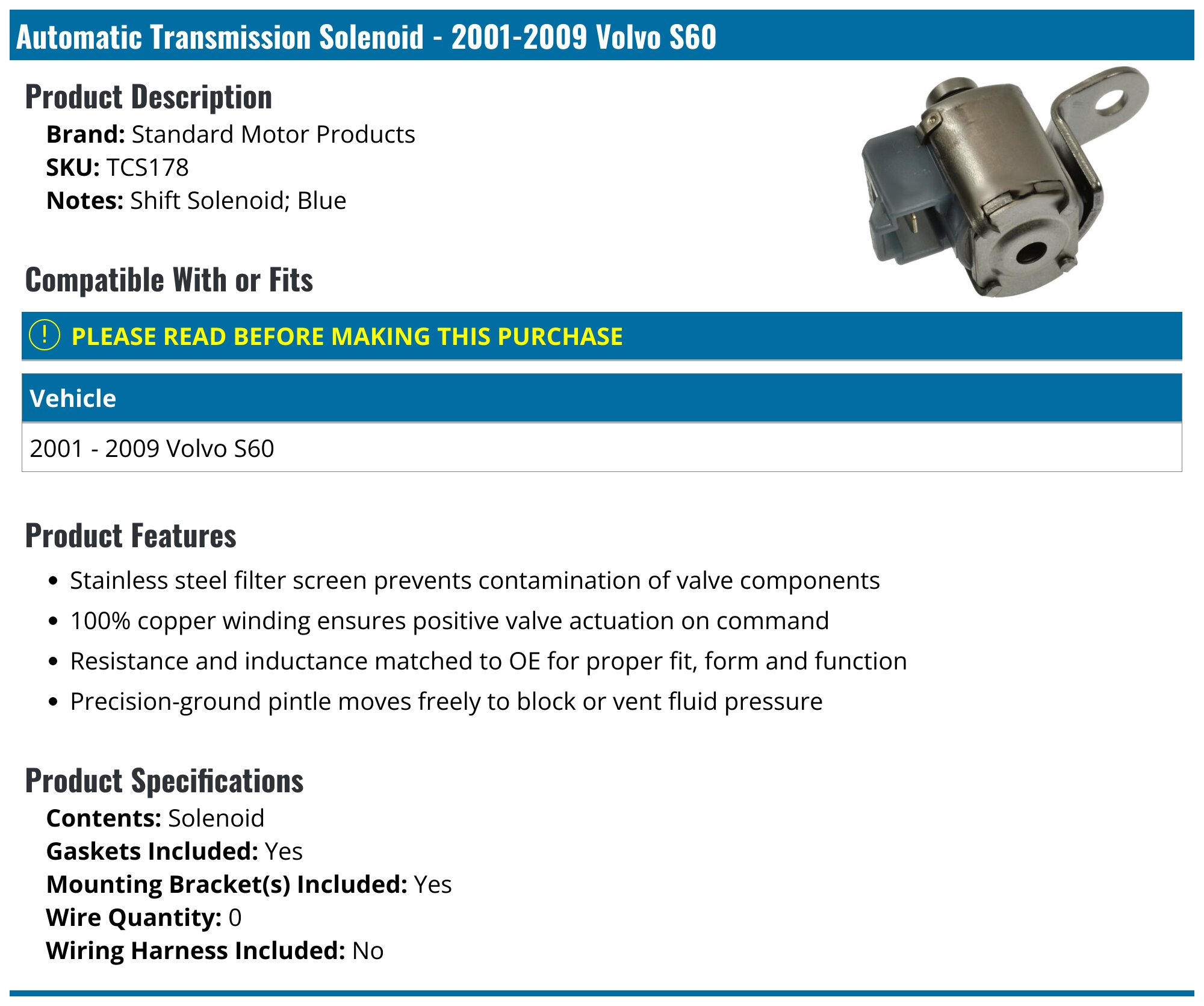 2001-2009 Volvo S60 Automatic Transmission Solenoid - Standard Motor ...