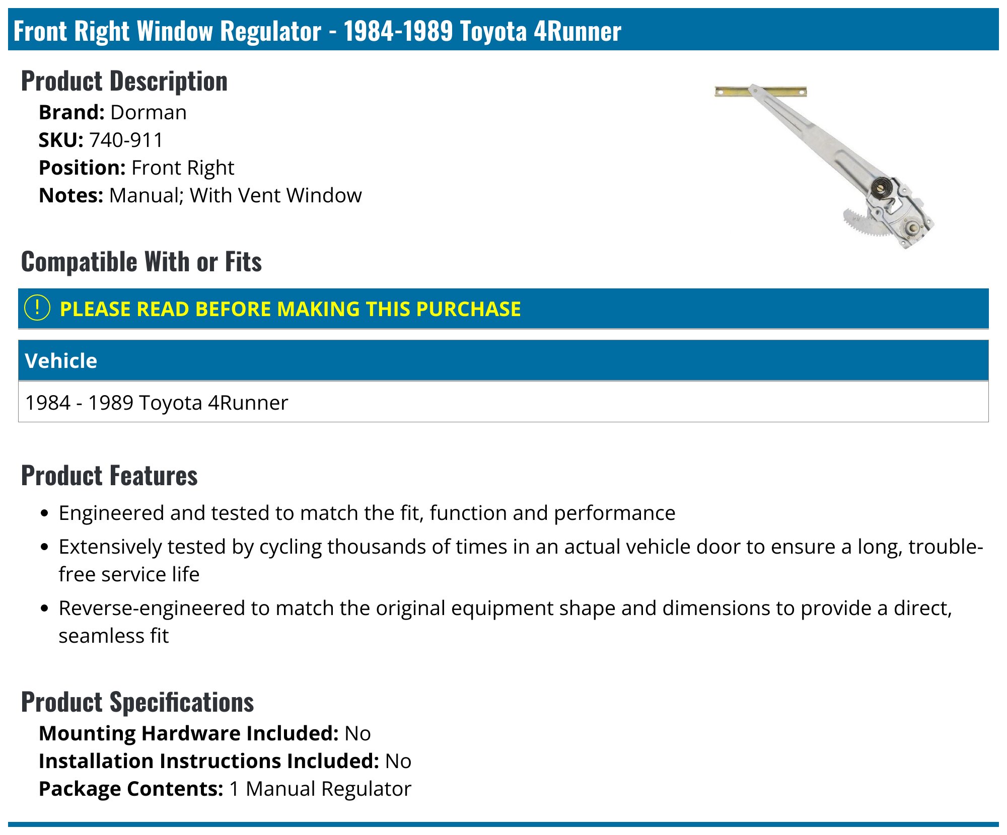 Dorman 740-911 Window Regulator + Cross Reference