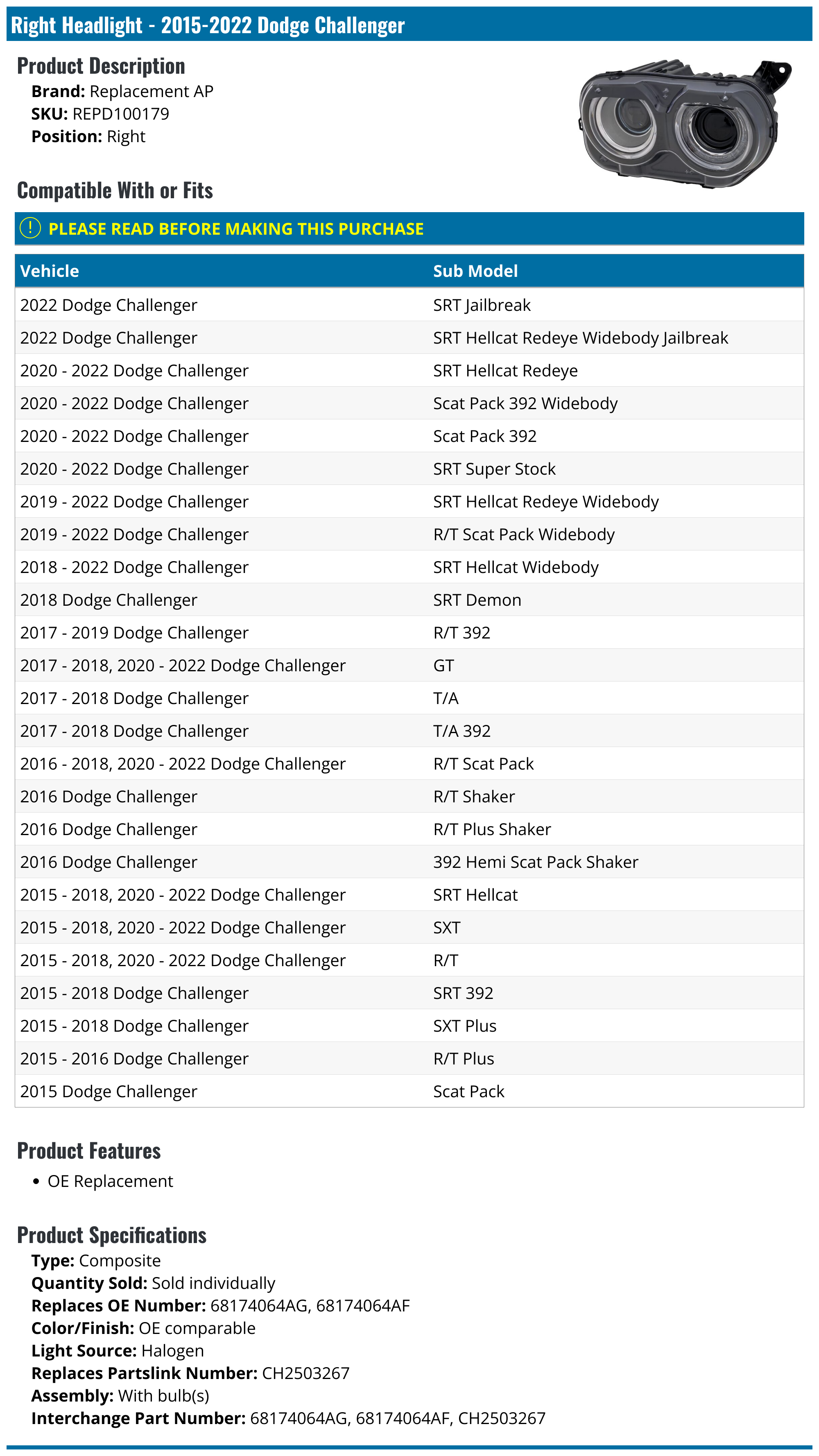20152022 Dodge Challenger Headlight Assembly Replacement AP