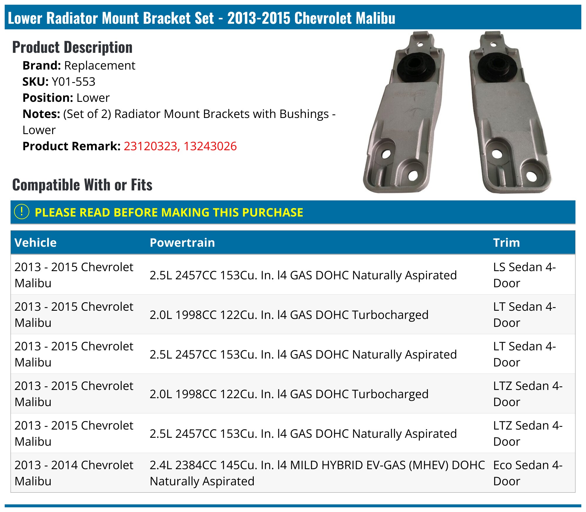 Evan-Fischer Front Passenger Side Bumper Bracket For Chevrolet Malibu 2013-2015 – Direct Replacement, 1-Year Warranty