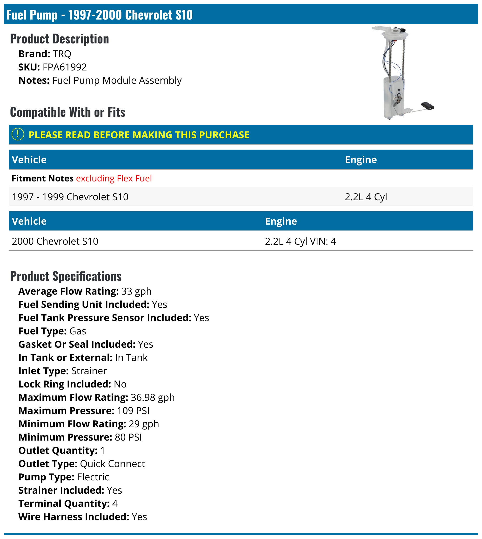 Fuel Pump Assembly For 1997-2000 Chevy S10 Pickup & GMC Sonoma 2.2L - E3943M (autoparts-leader)