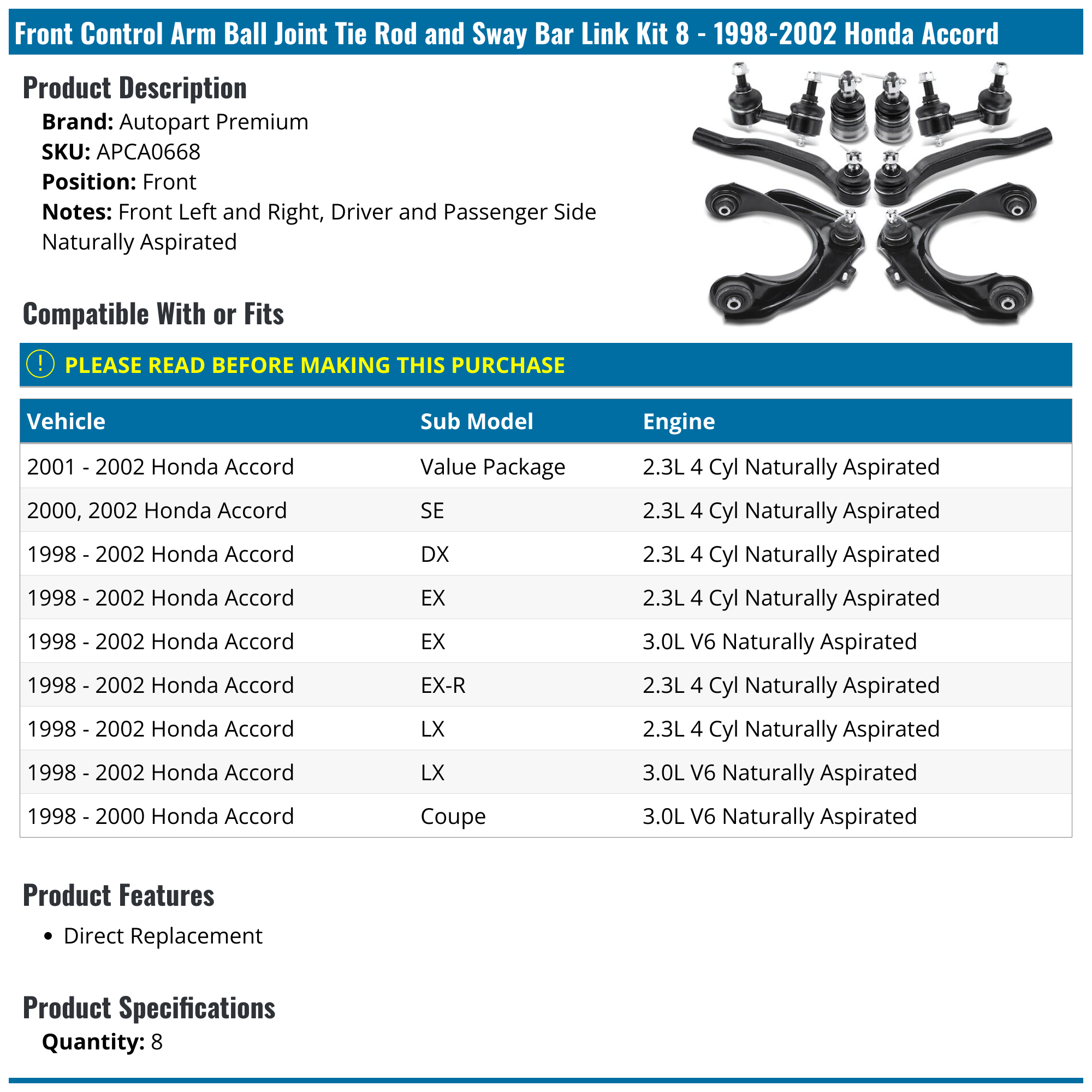 19982002 Honda Accord Control Arm Autopart Premium APCA0668 Front