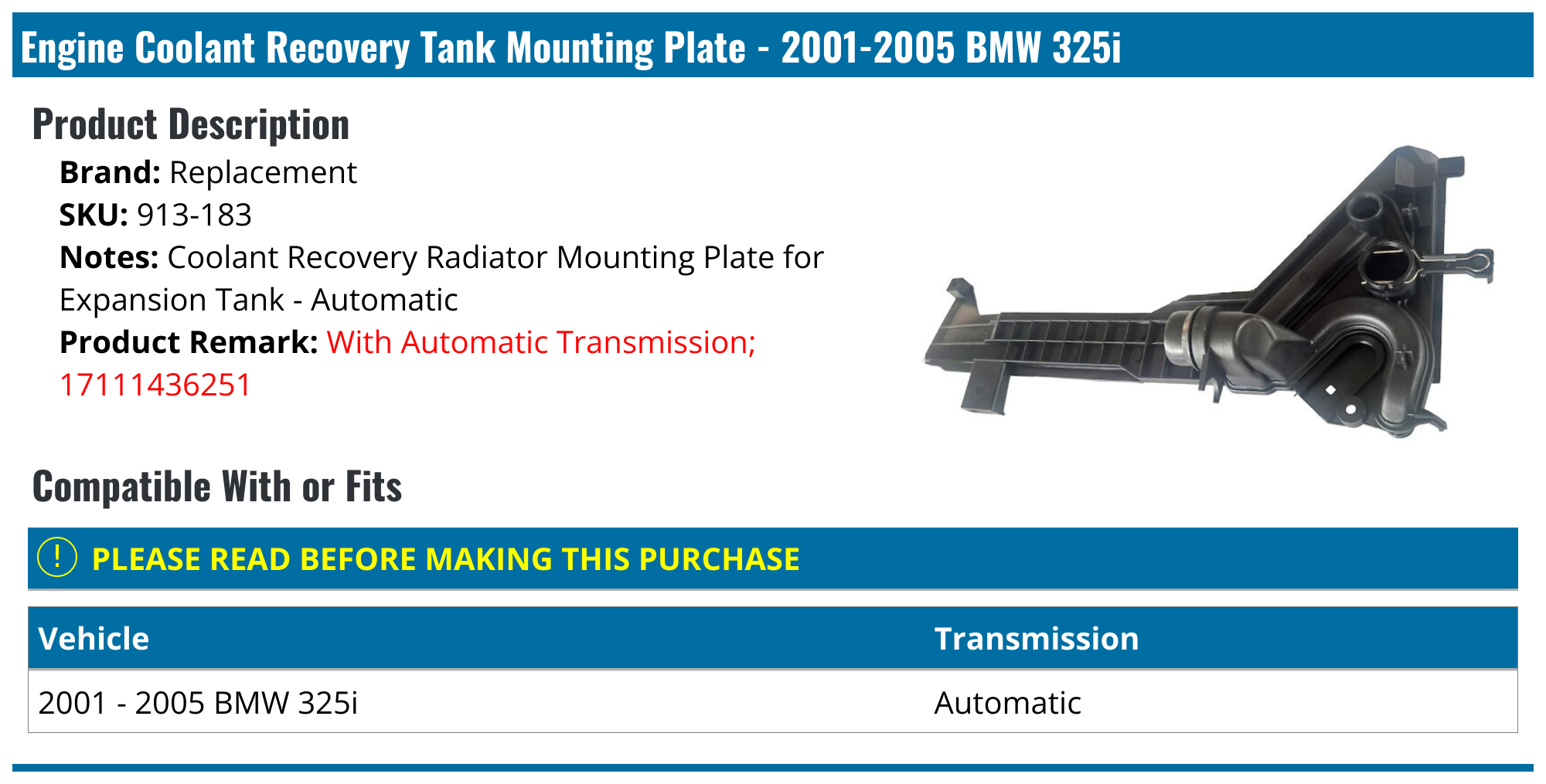 20012005 BMW 325i Engine Coolant Recovery Tank Mounting Plate