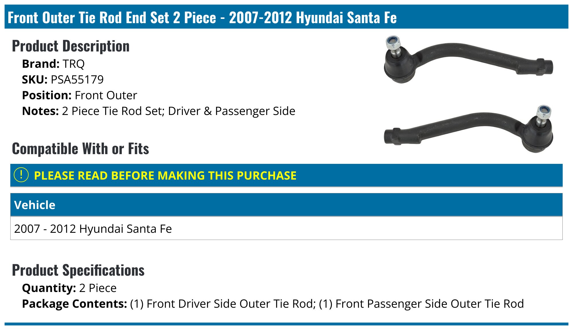 2007-2012 Hyundai Santa Fe Tie Rod End - TRQ PSA55179 - Front Outer
