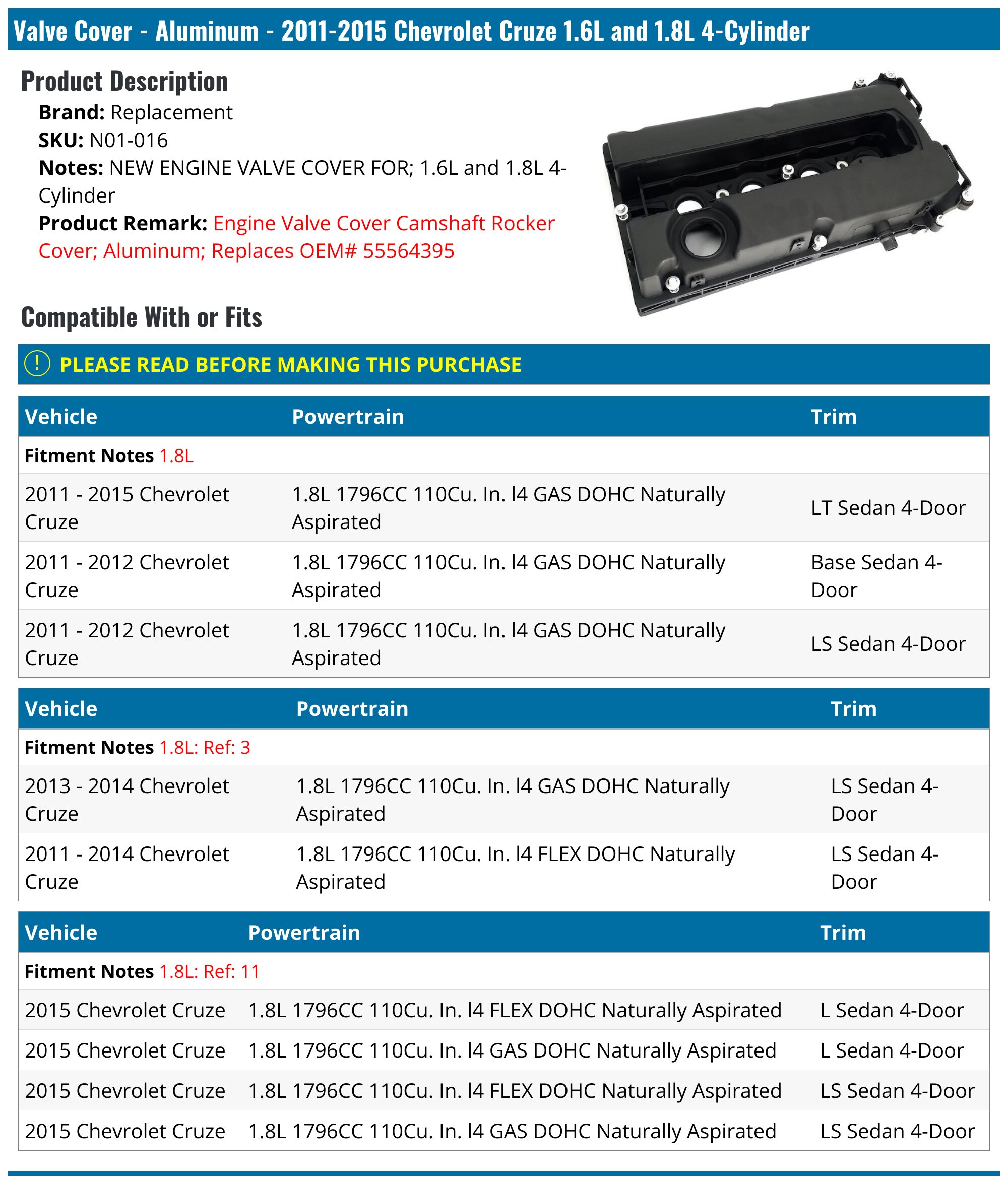 20112015 Chevrolet Cruze Valve Cover Replacement N01016
