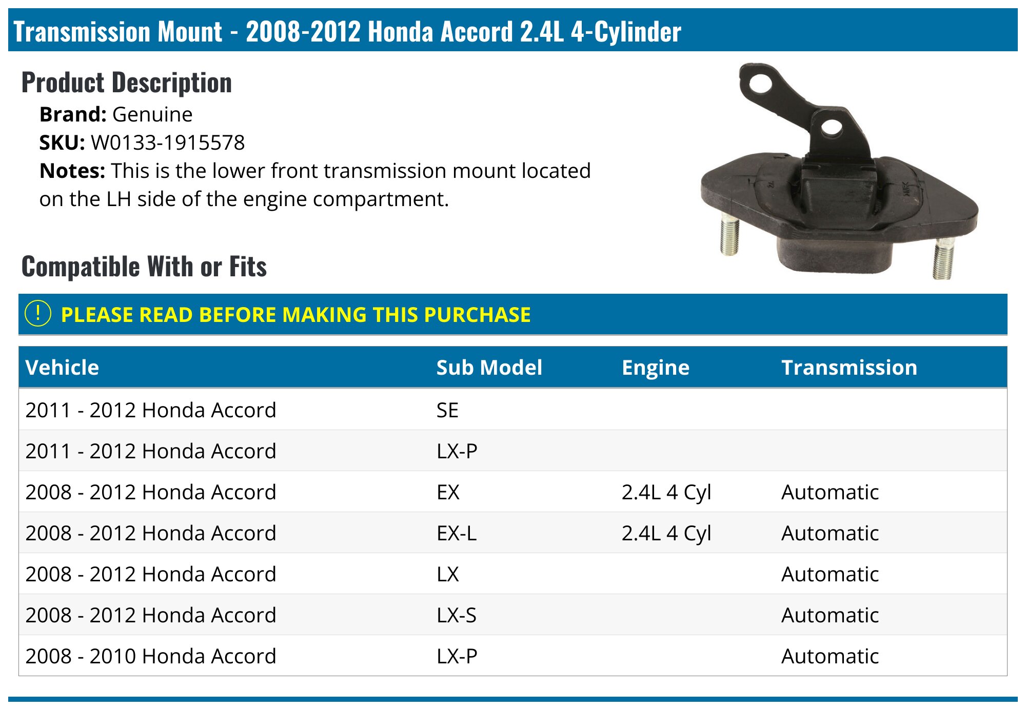 20082012 Honda Accord Transmission Mount Genuine W01331915578
