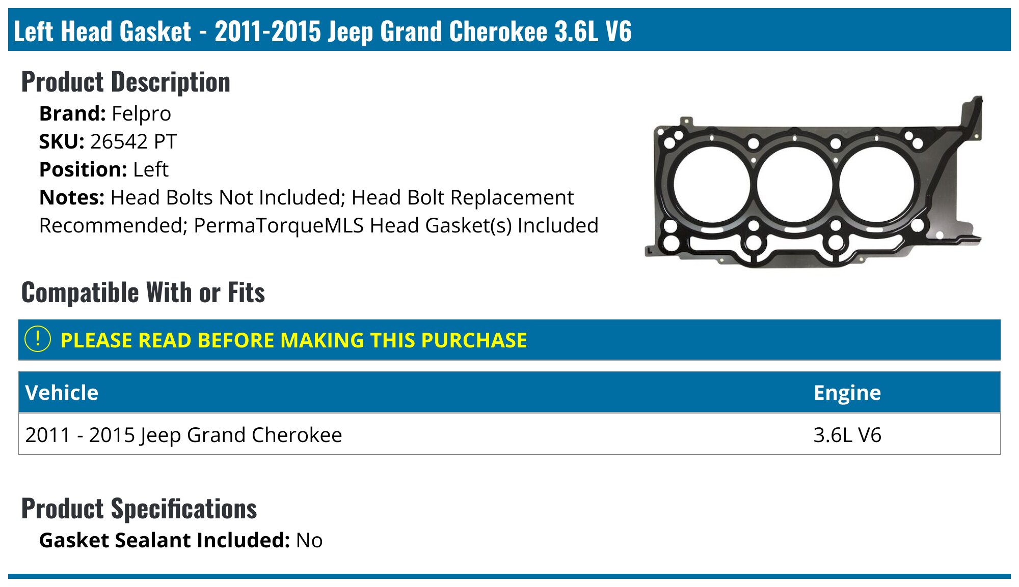 20112015 Jeep Grand Cherokee Head Gasket Felpro 26542 PT Left