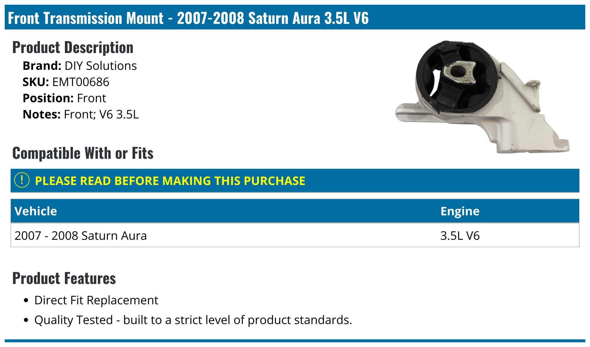 20072008 Saturn Aura Transmission Mount DIY Solutions EMT00686