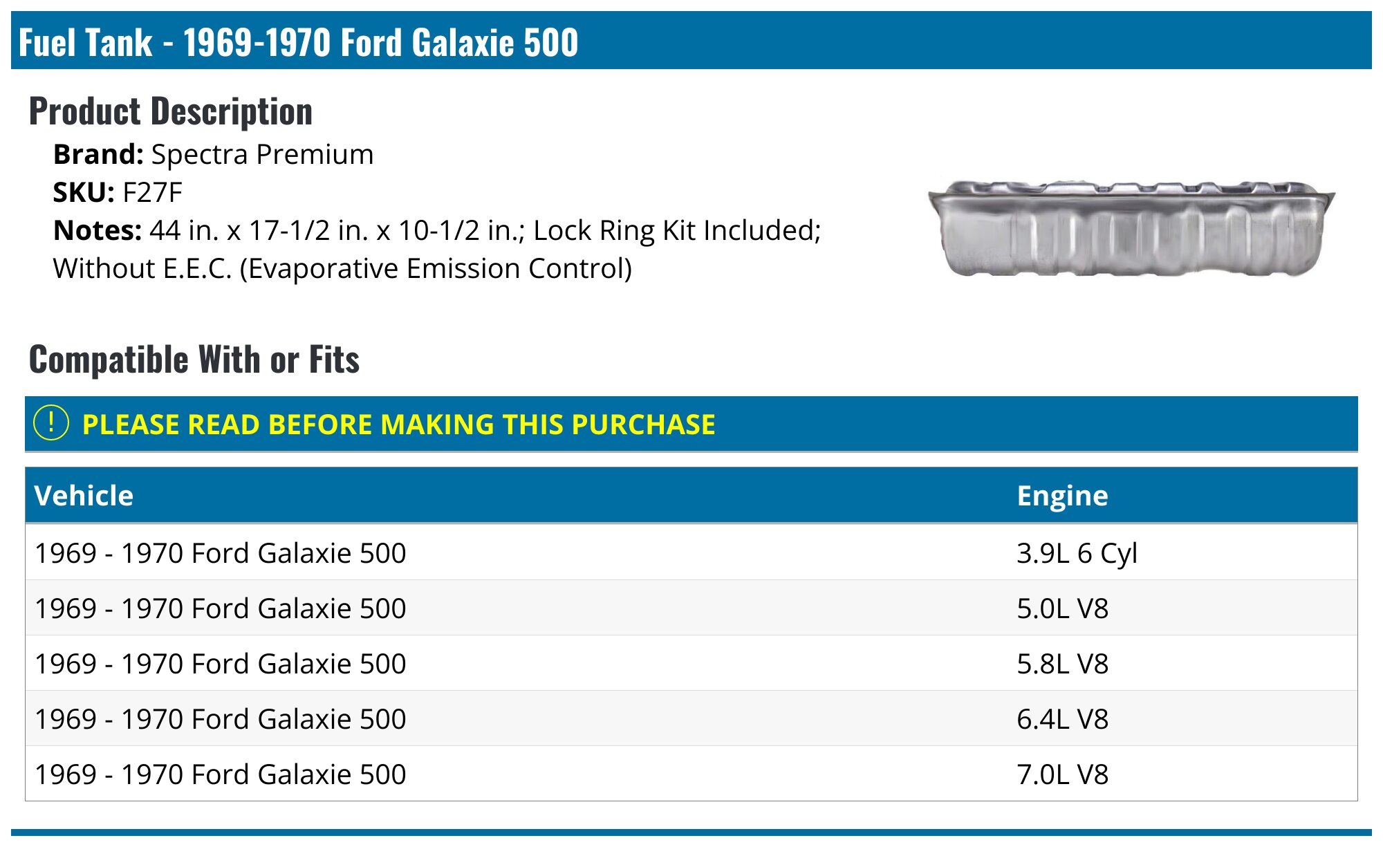 Tapa De Tanque De Combustible Con Llave Para Ford Galaxie 500 1962-1970 - Número 42793RQ
