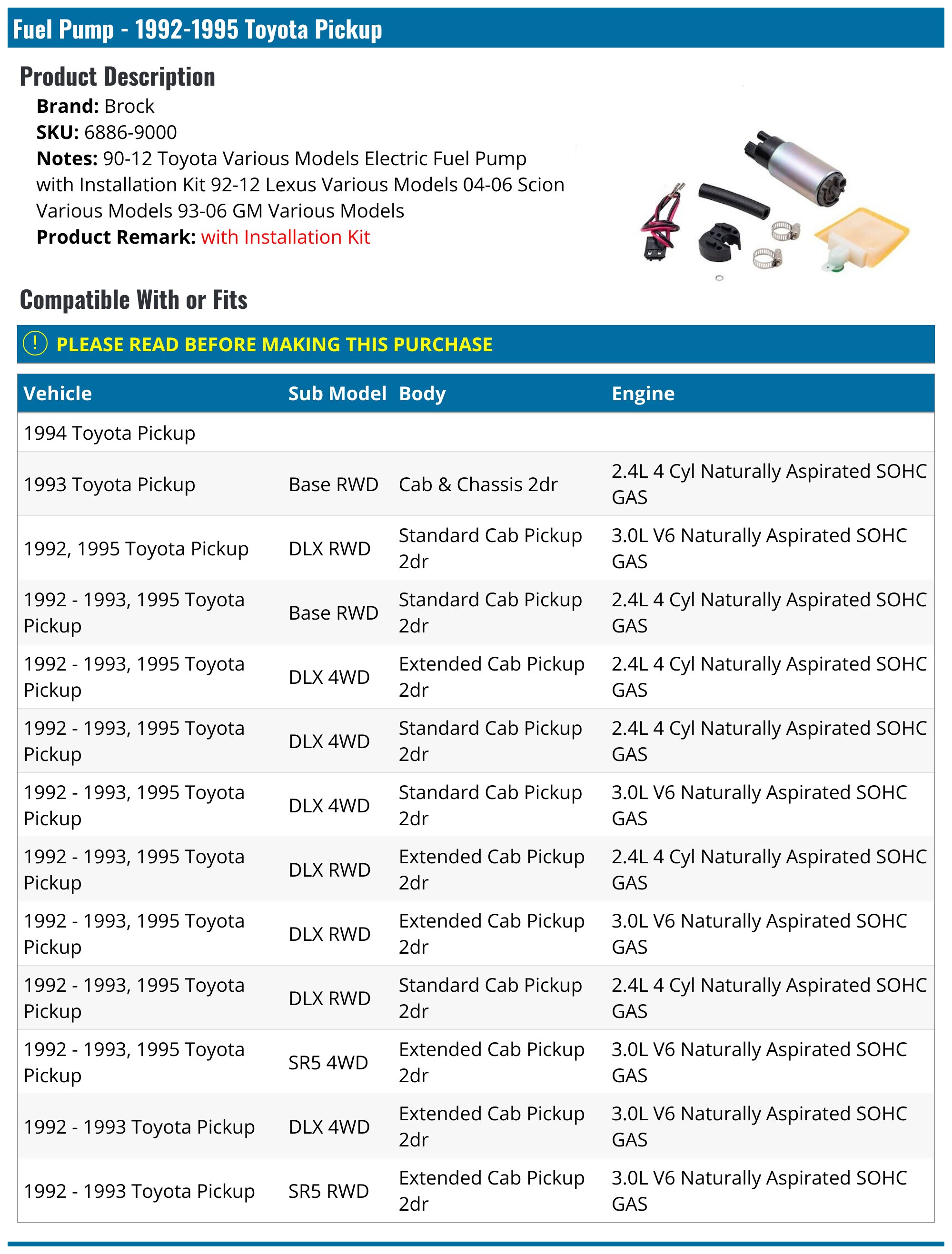 19921995 Toyota Pickup Fuel Pump Brock 68869000