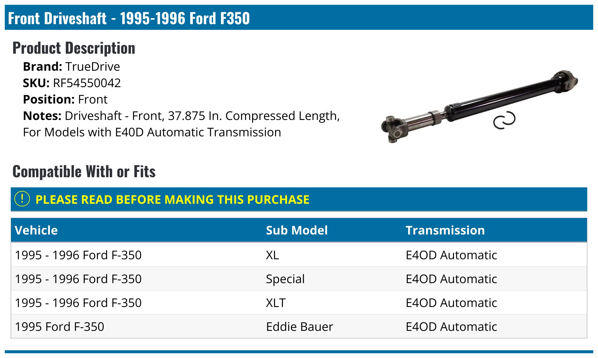 19951996 Ford F350 Drive Shaft TrueDrive RF54550042 Front