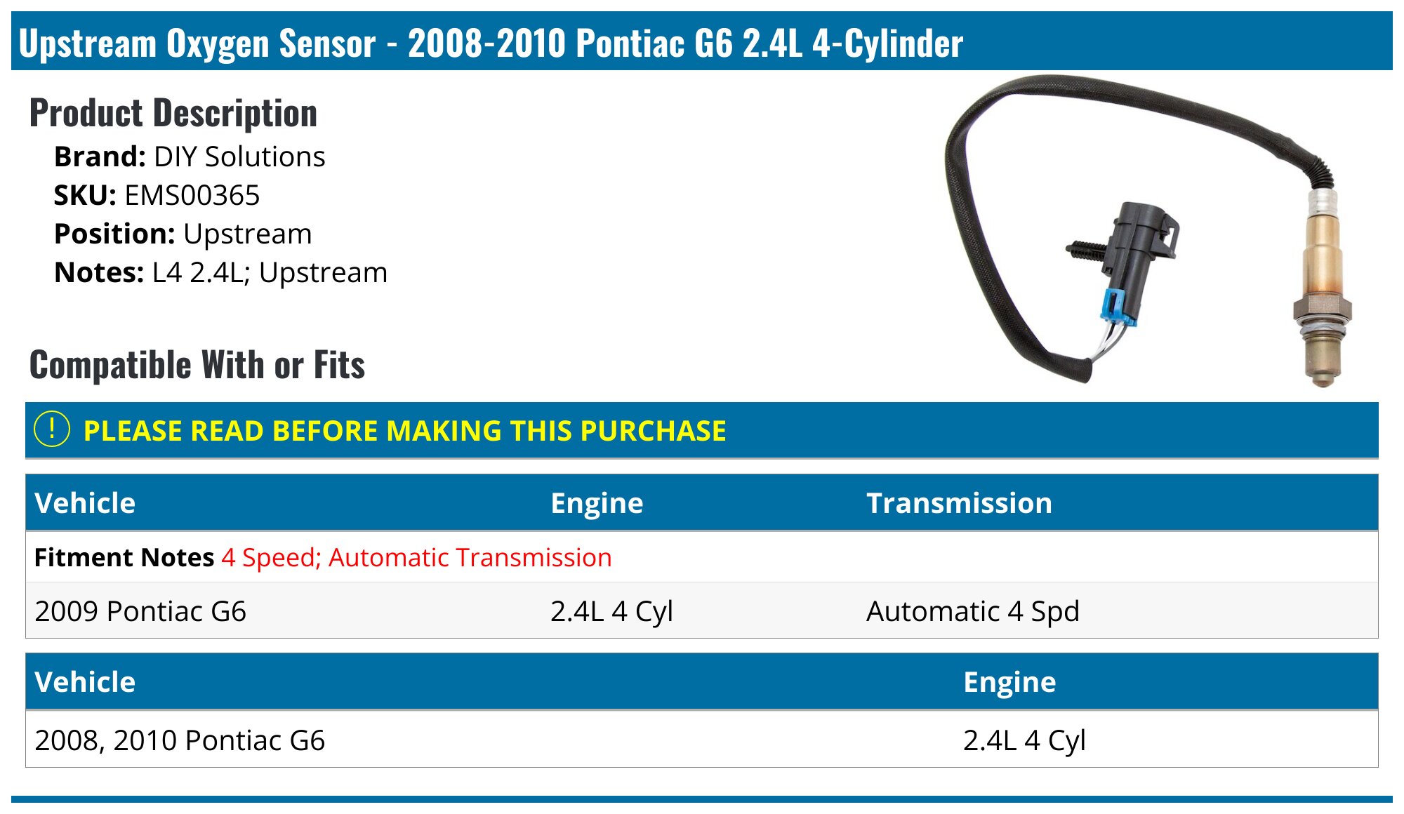 G287 O2 Sensor 2008-2010 Pontiac G6 Oxygen Sensor - DIY Solutions EMS00365 - Upstream ...