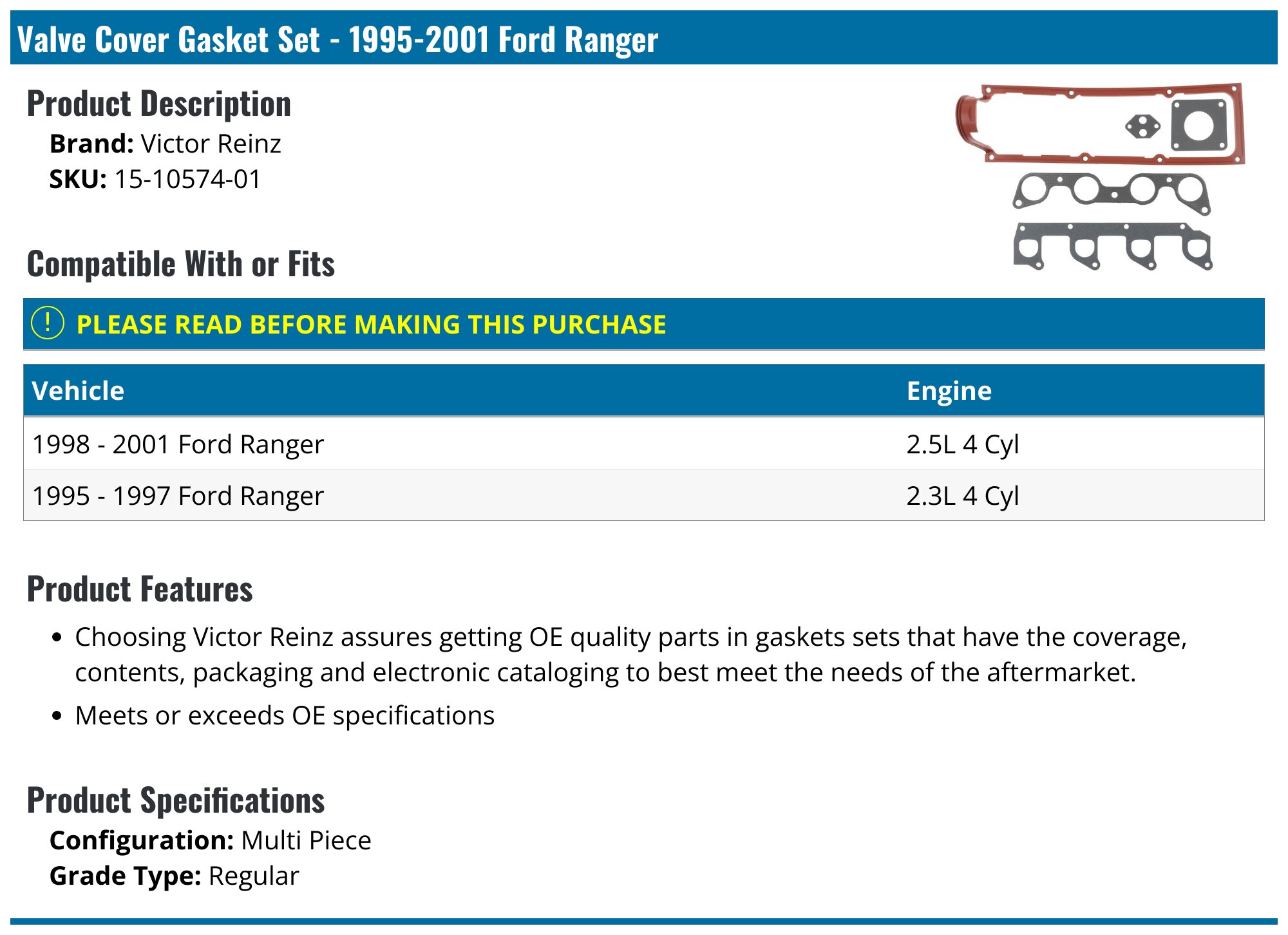 1995-2001 Ford Ranger Valve Cover Gasket - Victor Reinz 15-10574