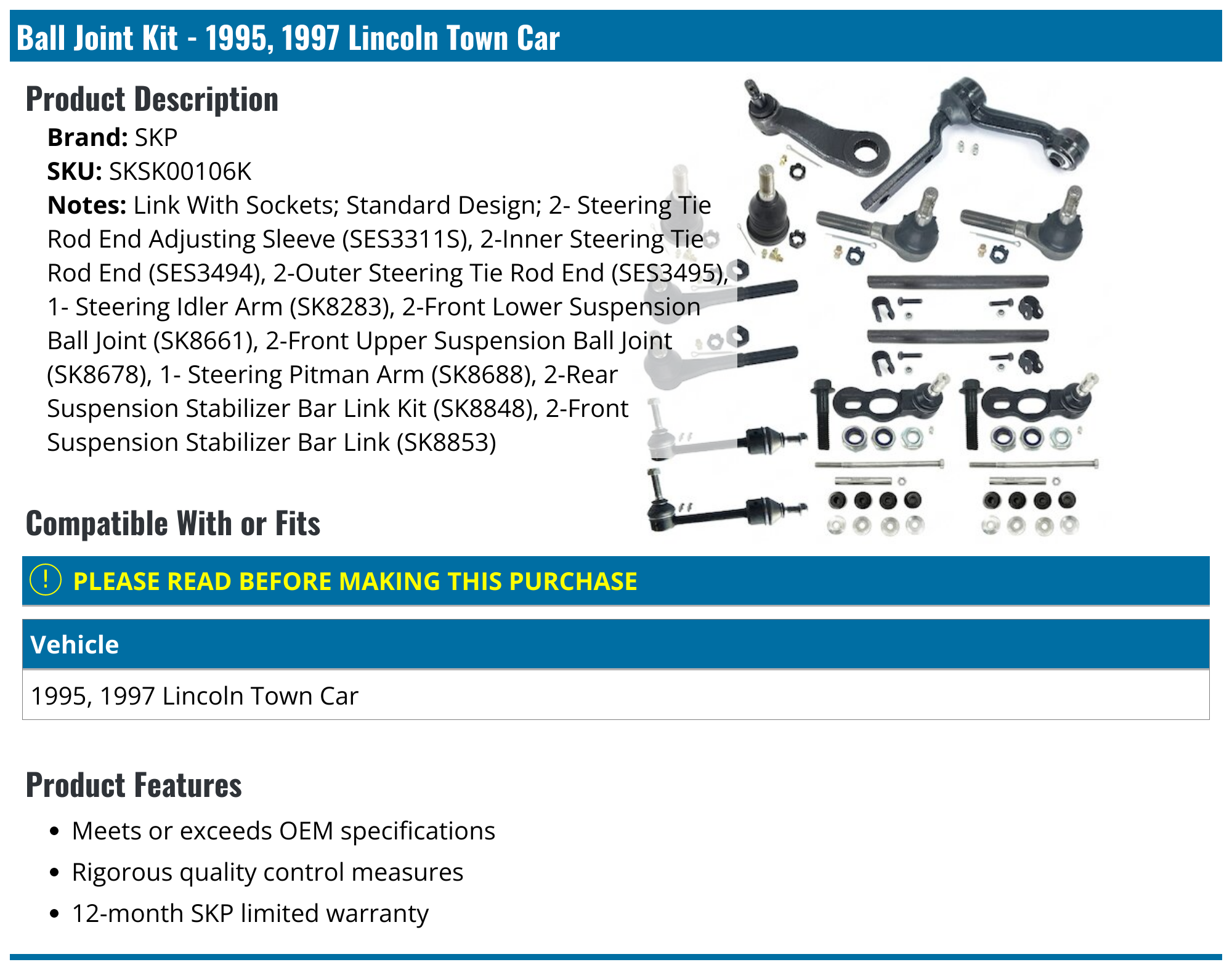 1995, 1997 Lincoln Town Car Ball Joint SKP SKSK00106K