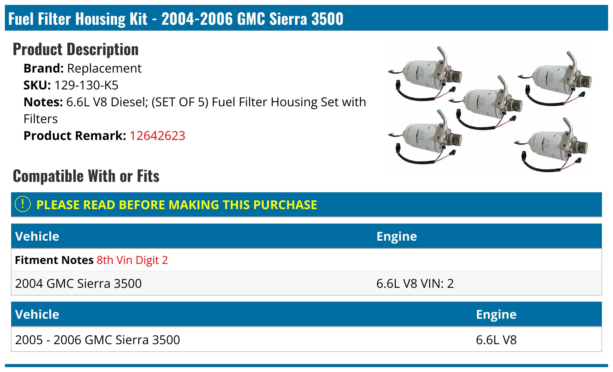 2004-2006 GMC Sierra 3500 Fuel Filter Housing - Replacement 129-130-K5 ...