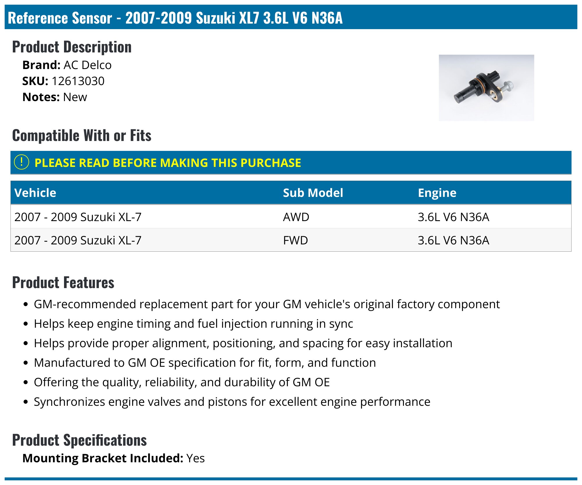 2007-2009 Suzuki XL7 Crank Position Sensor - AC Delco 12613030 ...