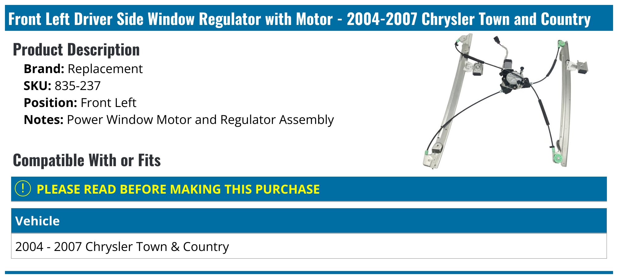 A-Premium Power Window Motor - Front Left Driver Side For 2004-2007 Dodge Caravan/Grand Caravan & Chrysler Town & Country