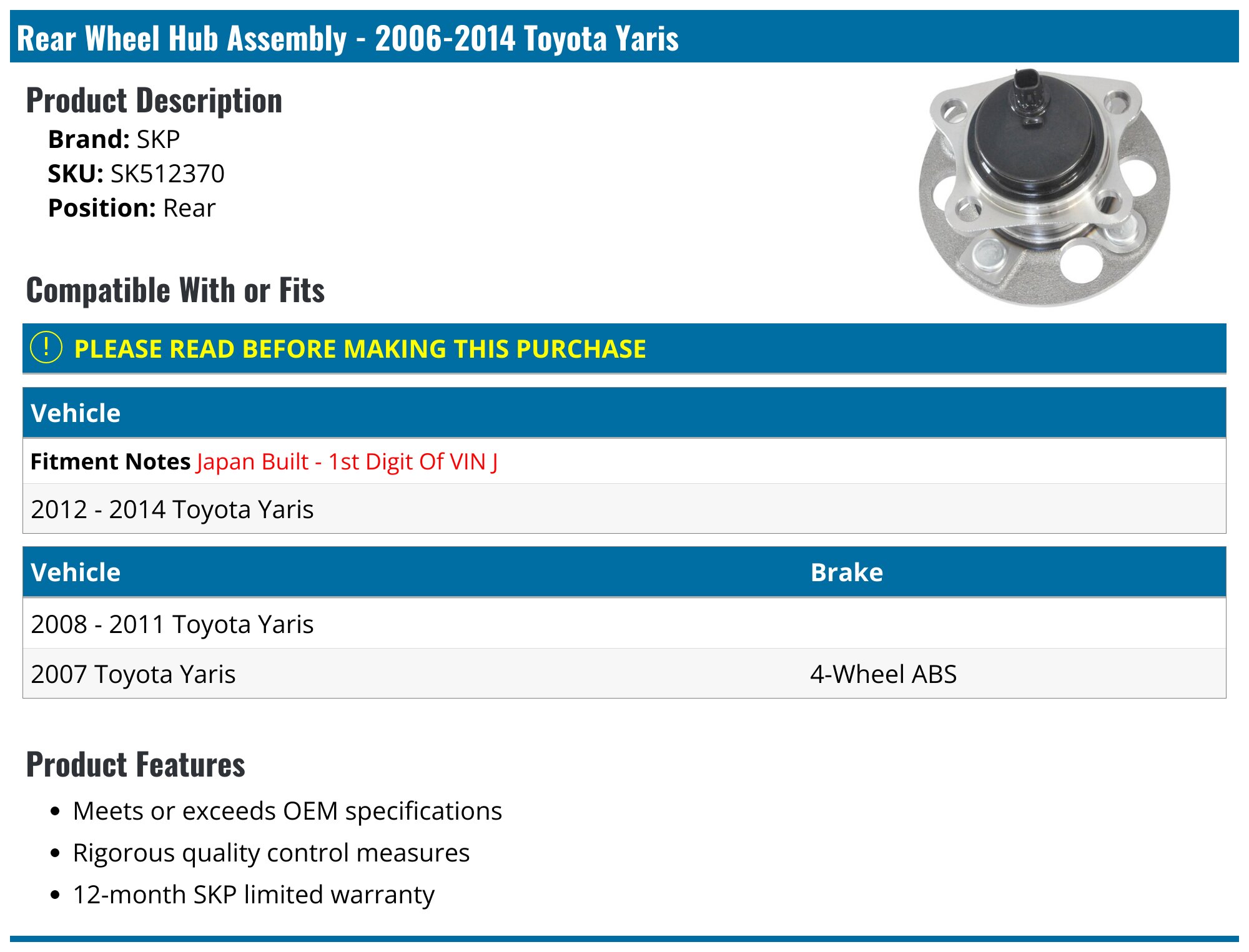 2×REAR WHEEL HUB Bearing Assembly for Toyota Yaris 2006-2007 Non-ABS