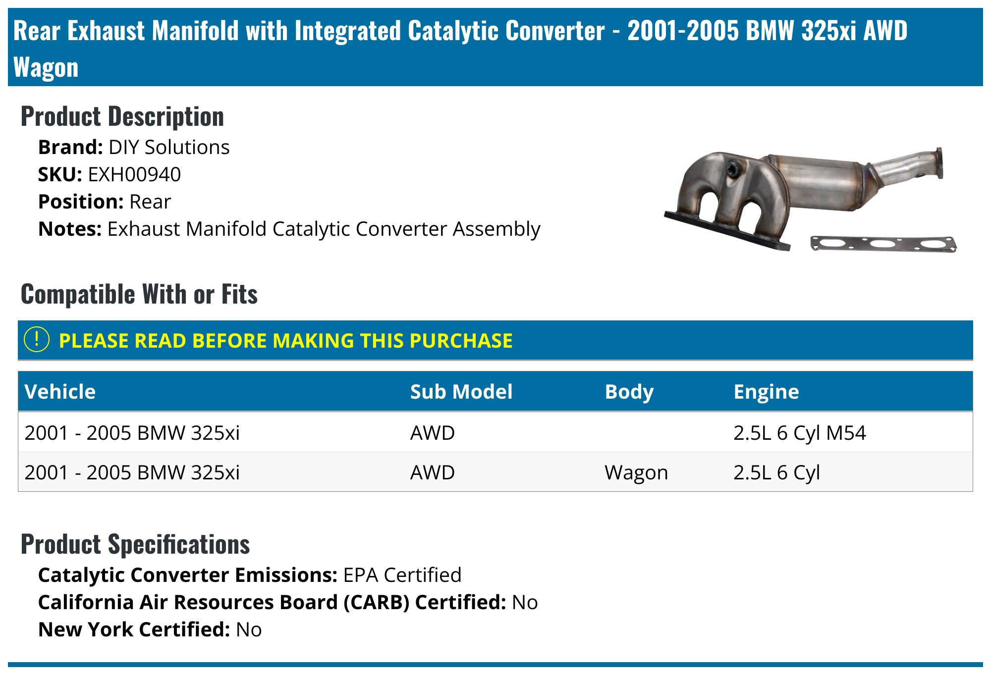 2001-2005 BMW 325xi Catalytic Converter - DIY Solutions EXH00940 - Rear ...