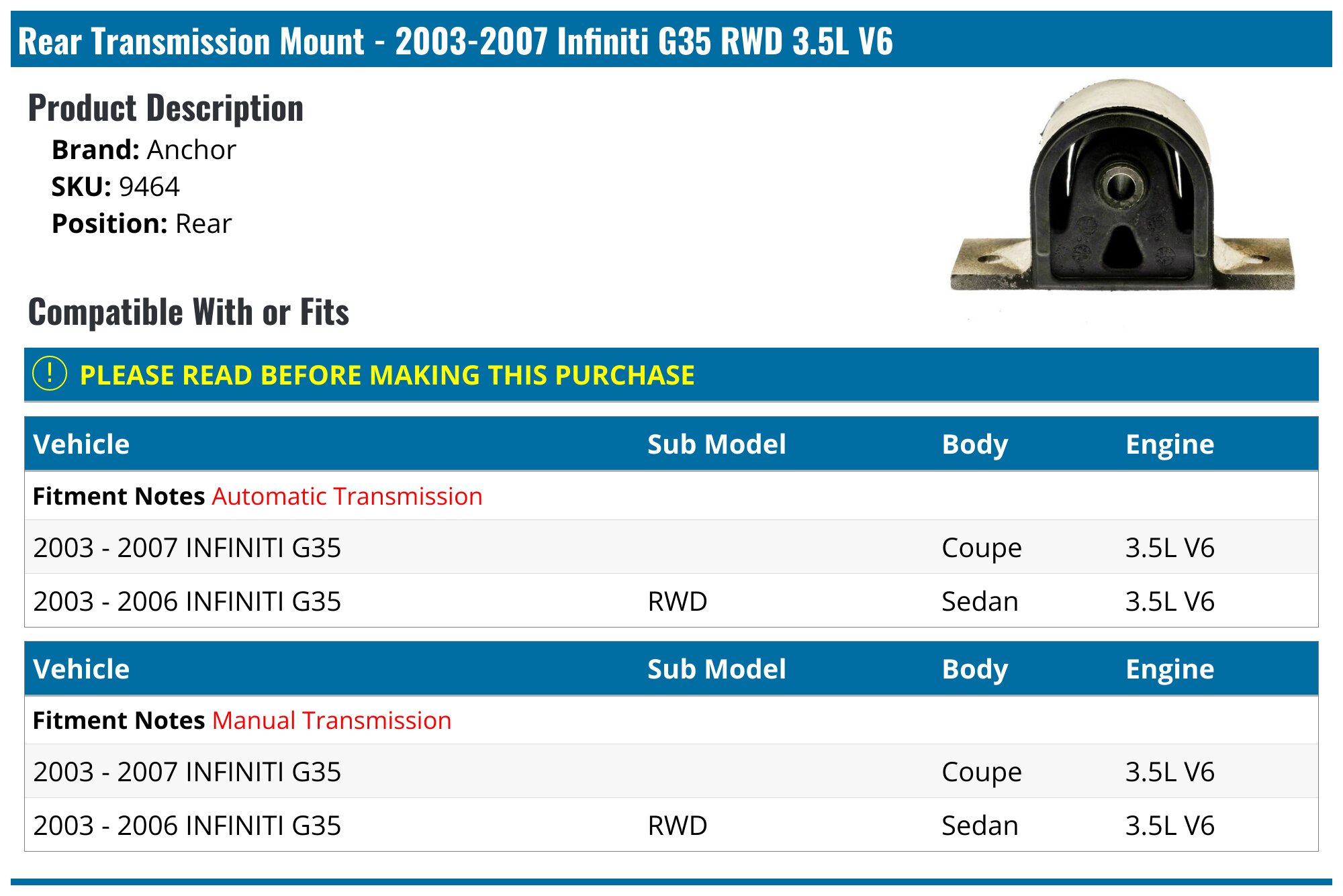 Torque Solution Billet Aluminum Transmission Mount | 2003-2007 Infiniti G35 (TS-TM-G35) main image 1