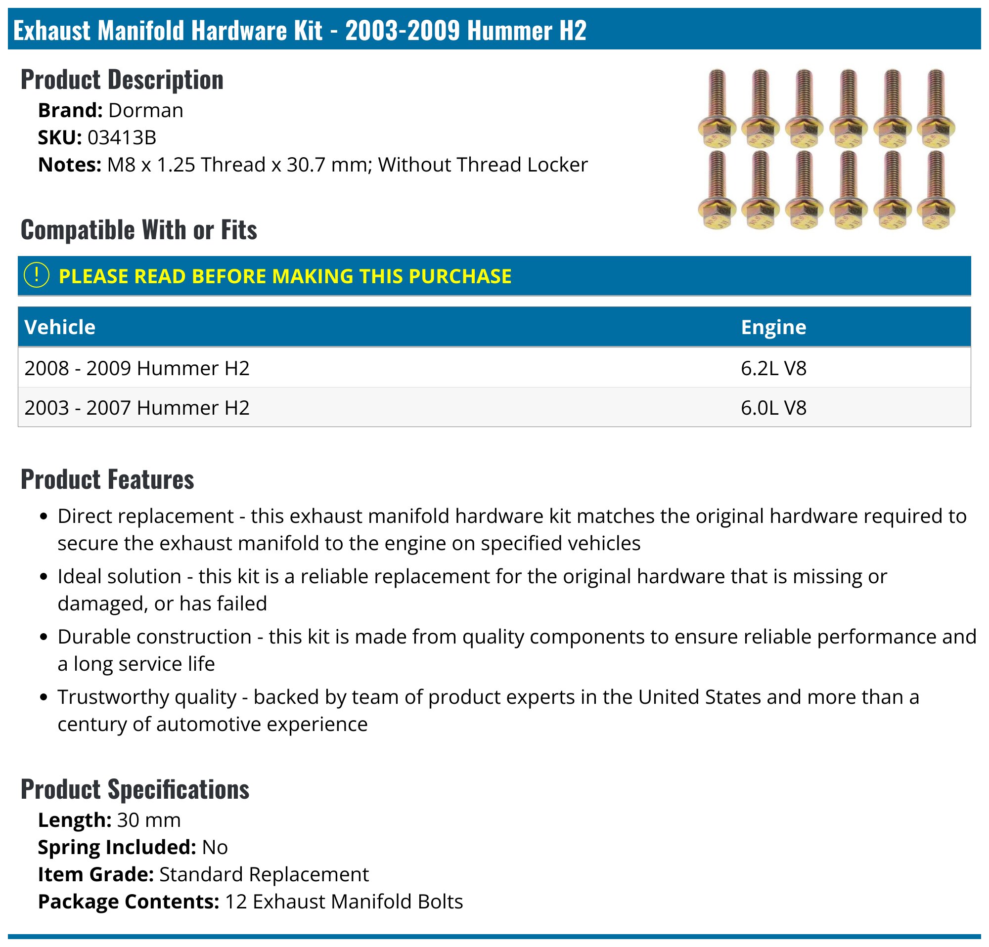 2003-2009 Hummer H2 Exhaust Manifold - Dorman 03413B - PartsGeek.com