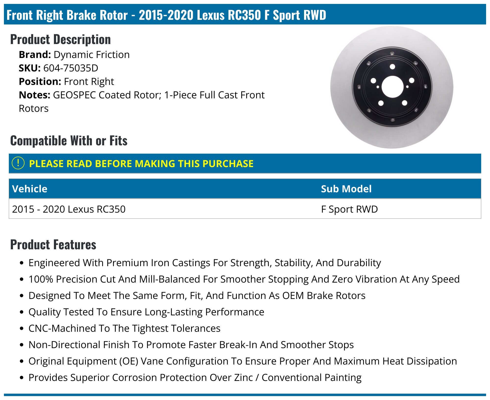 Lexus Rotor Thickness Chart 2015-2020 Lexus RC350 Brake Rotor - Dynamic Friction 604-75035D - Front ...